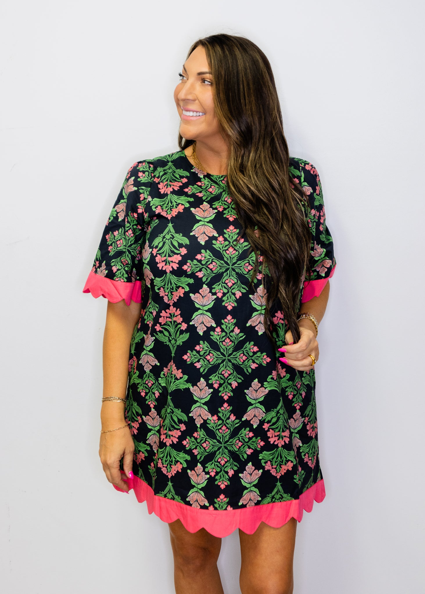 Black Floral Scallop Edge Shift Dress