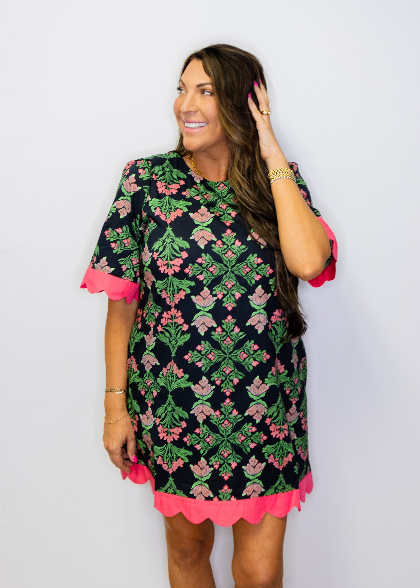 Black Floral Scallop Edge Shift Dress