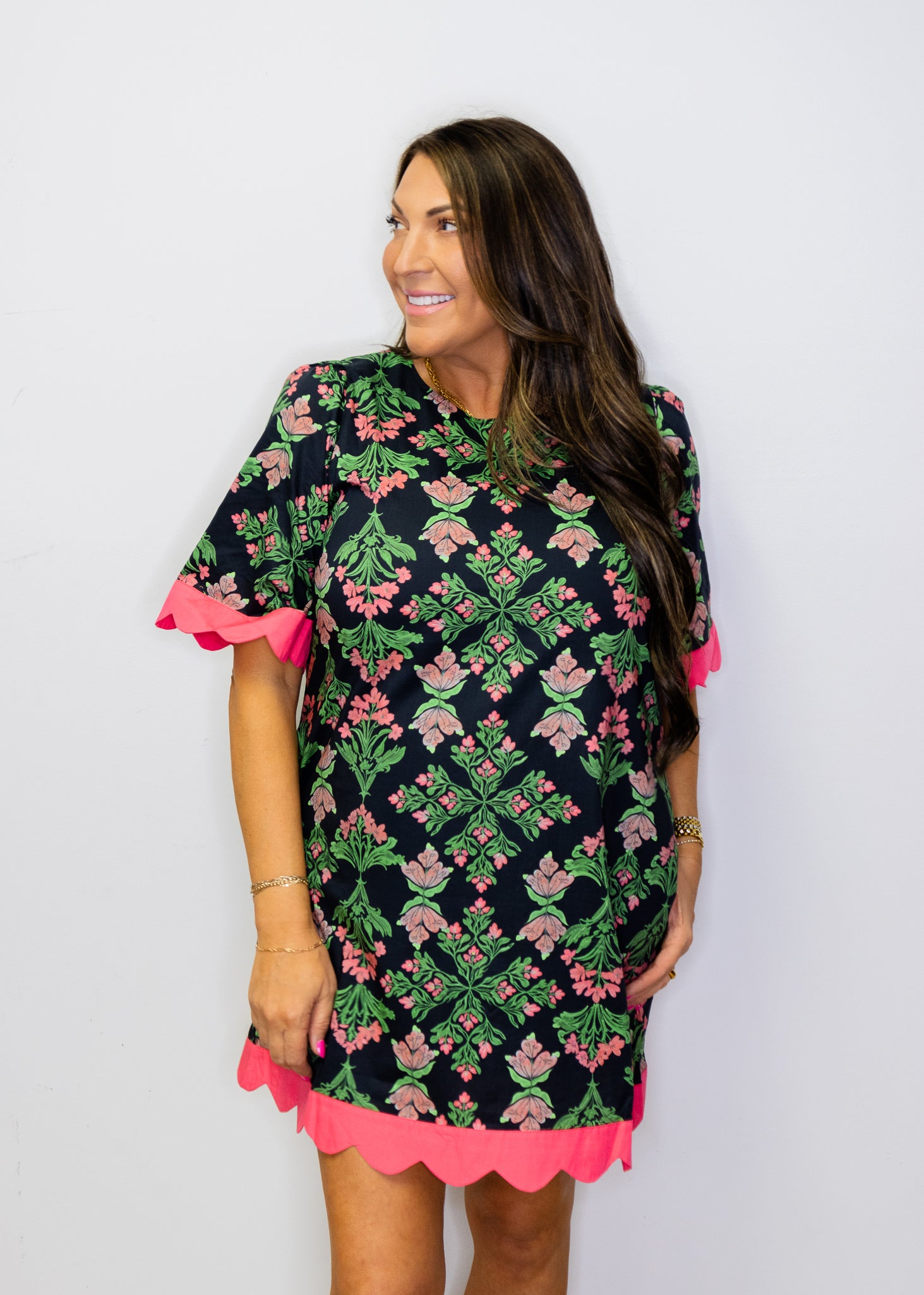 Black Floral Scallop Edge Shift Dress