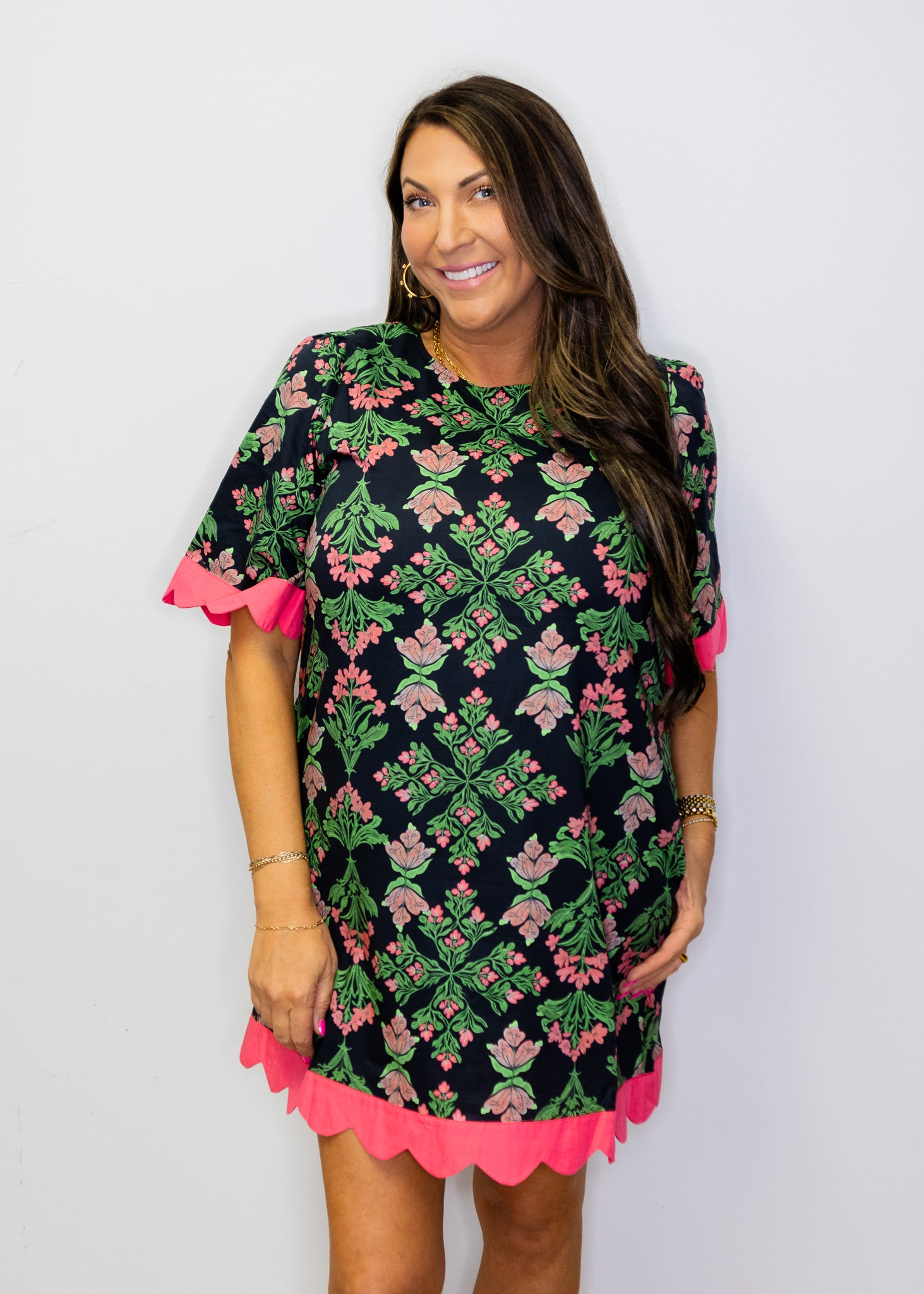 Black Floral Scallop Edge Shift Dress