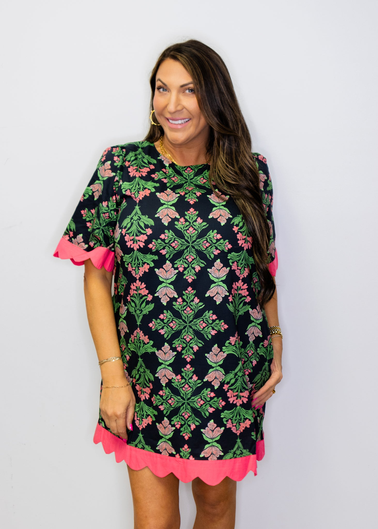 Black Floral Scallop Edge Shift Dress
