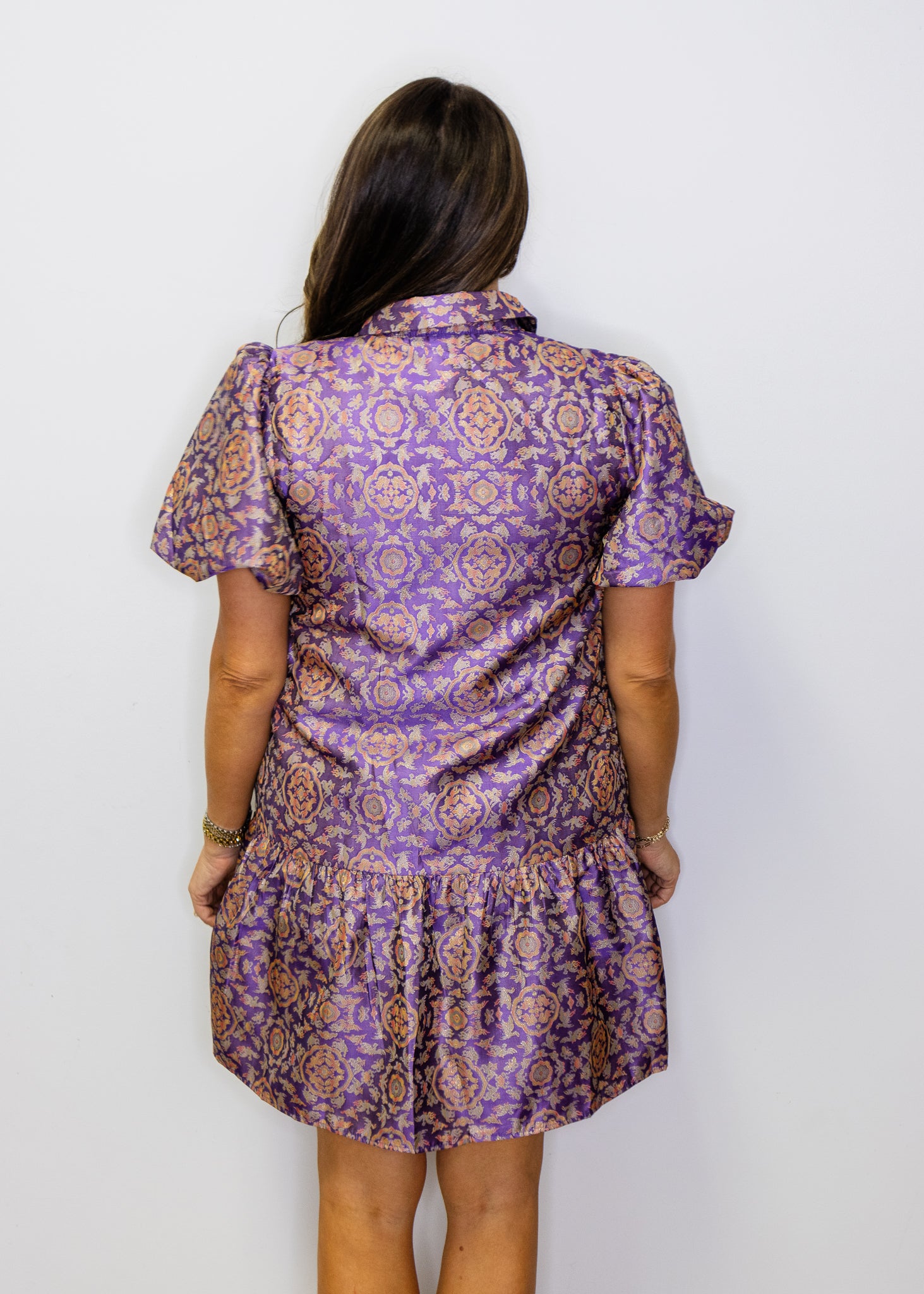 Purple Puff Sleeves Print Jacquard Dress
