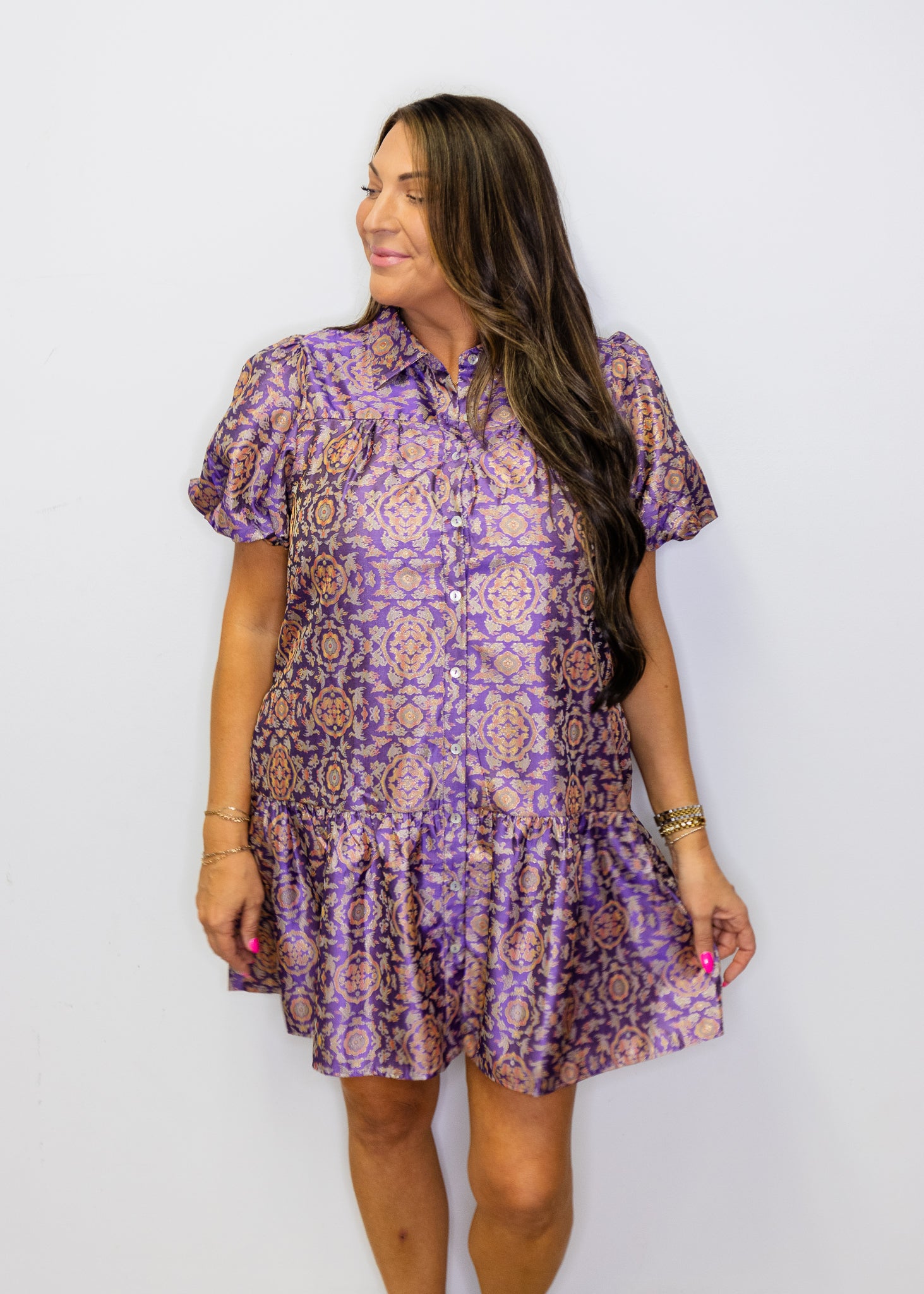 Purple Puff Sleeves Print Jacquard Dress