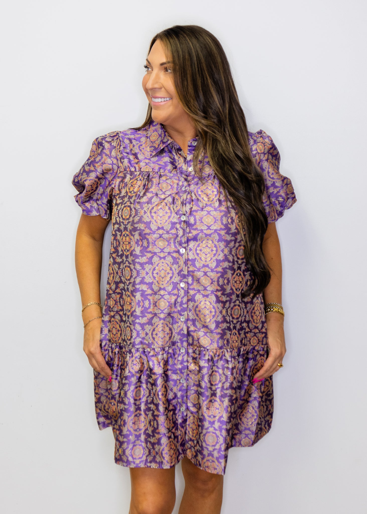 Purple Puff Sleeves Print Jacquard Dress
