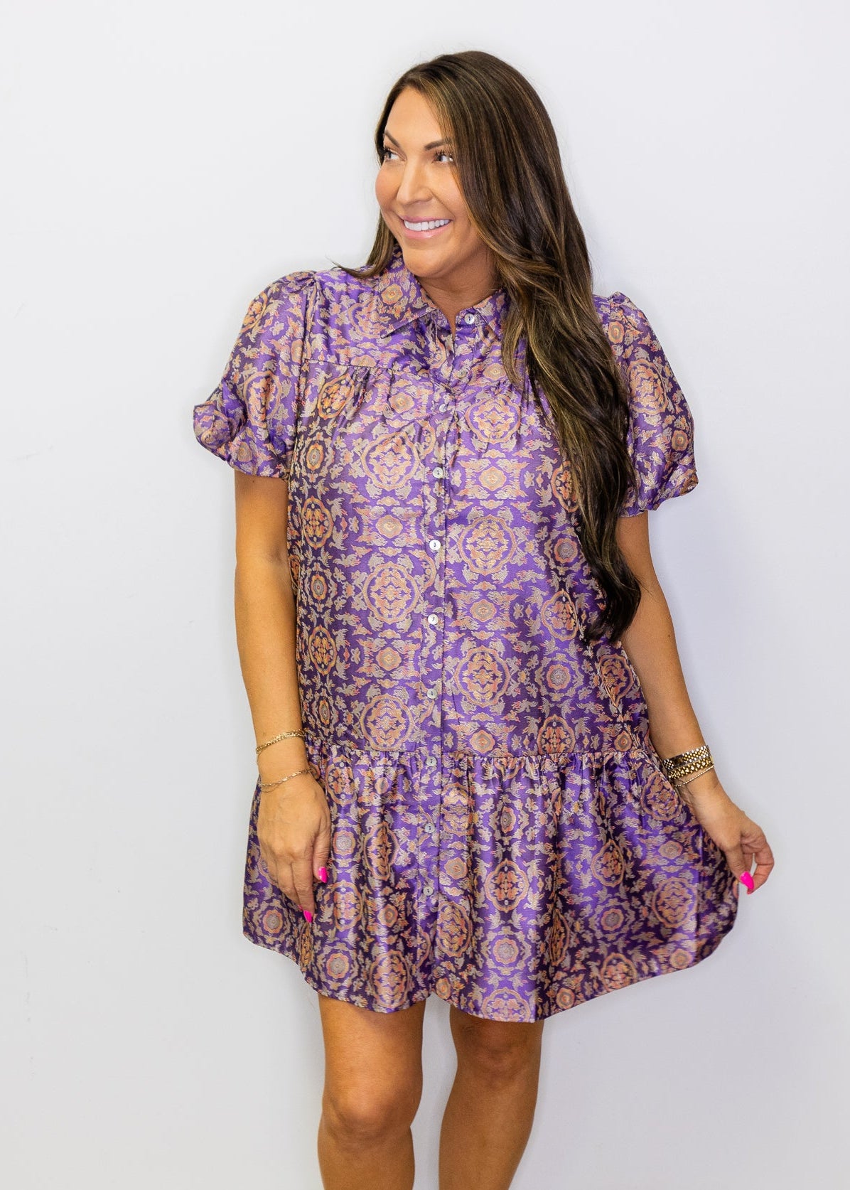 Purple Puff Sleeves Print Jacquard Dress