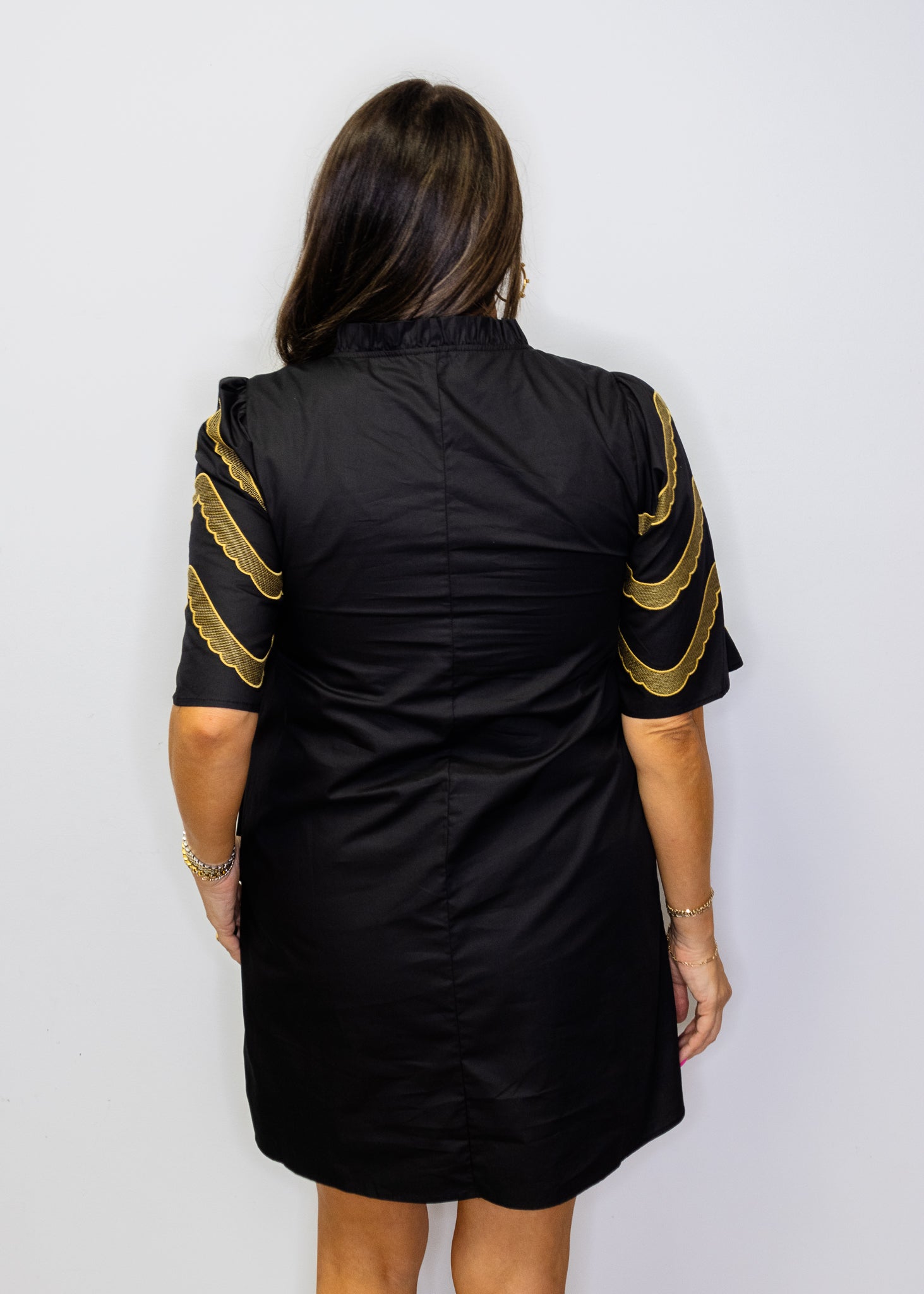 Black Embroidered Sleeves Pleat Dress