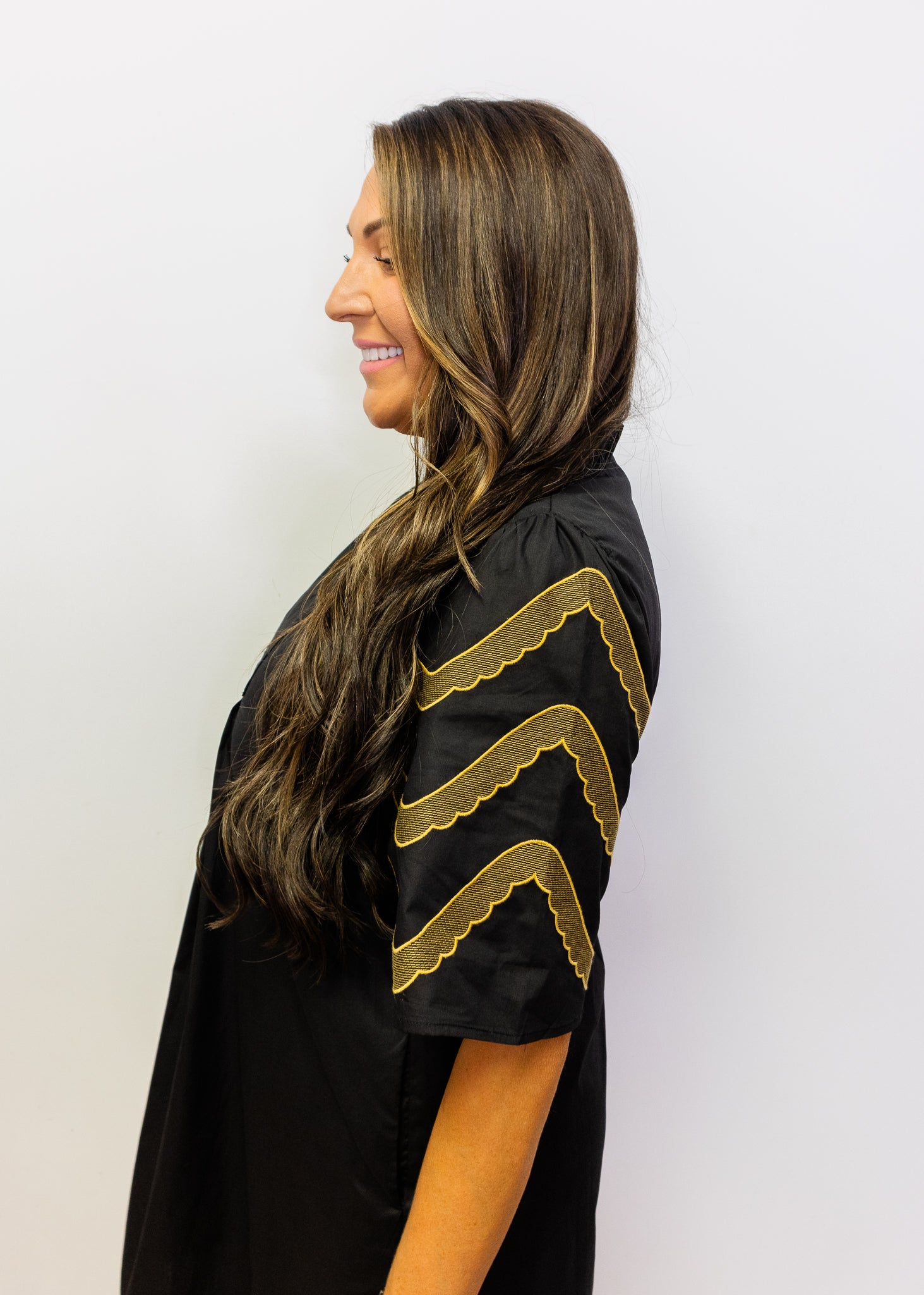 Black Embroidered Sleeves Pleat Dress