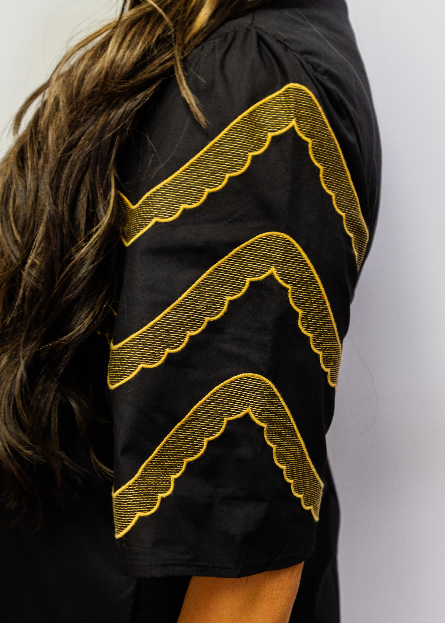 Black Embroidered Sleeves Pleat Dress