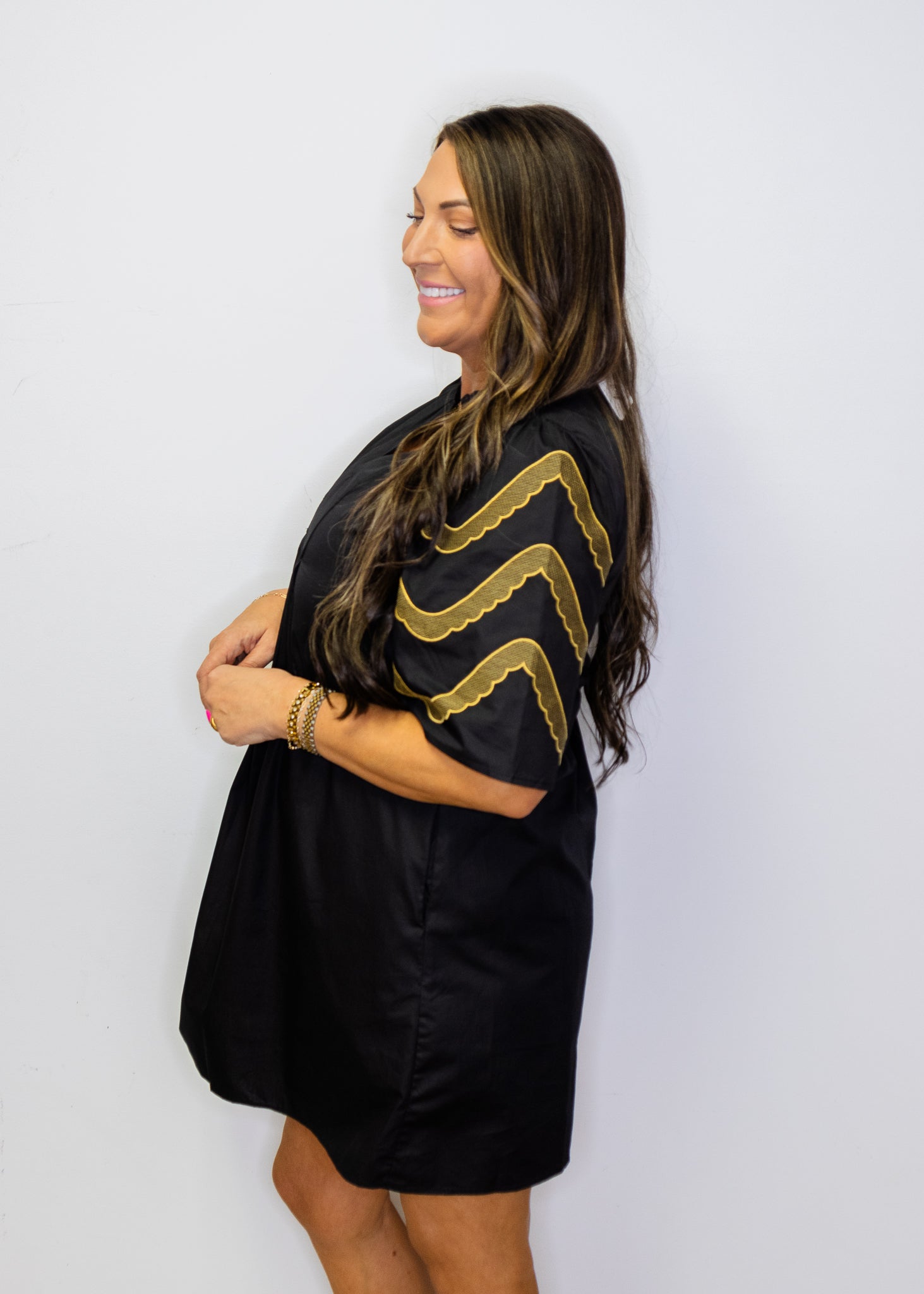 Black Embroidered Sleeves Pleat Dress