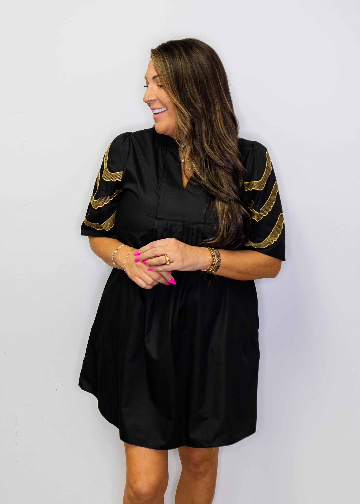 Black Embroidered Sleeves Pleat Dress