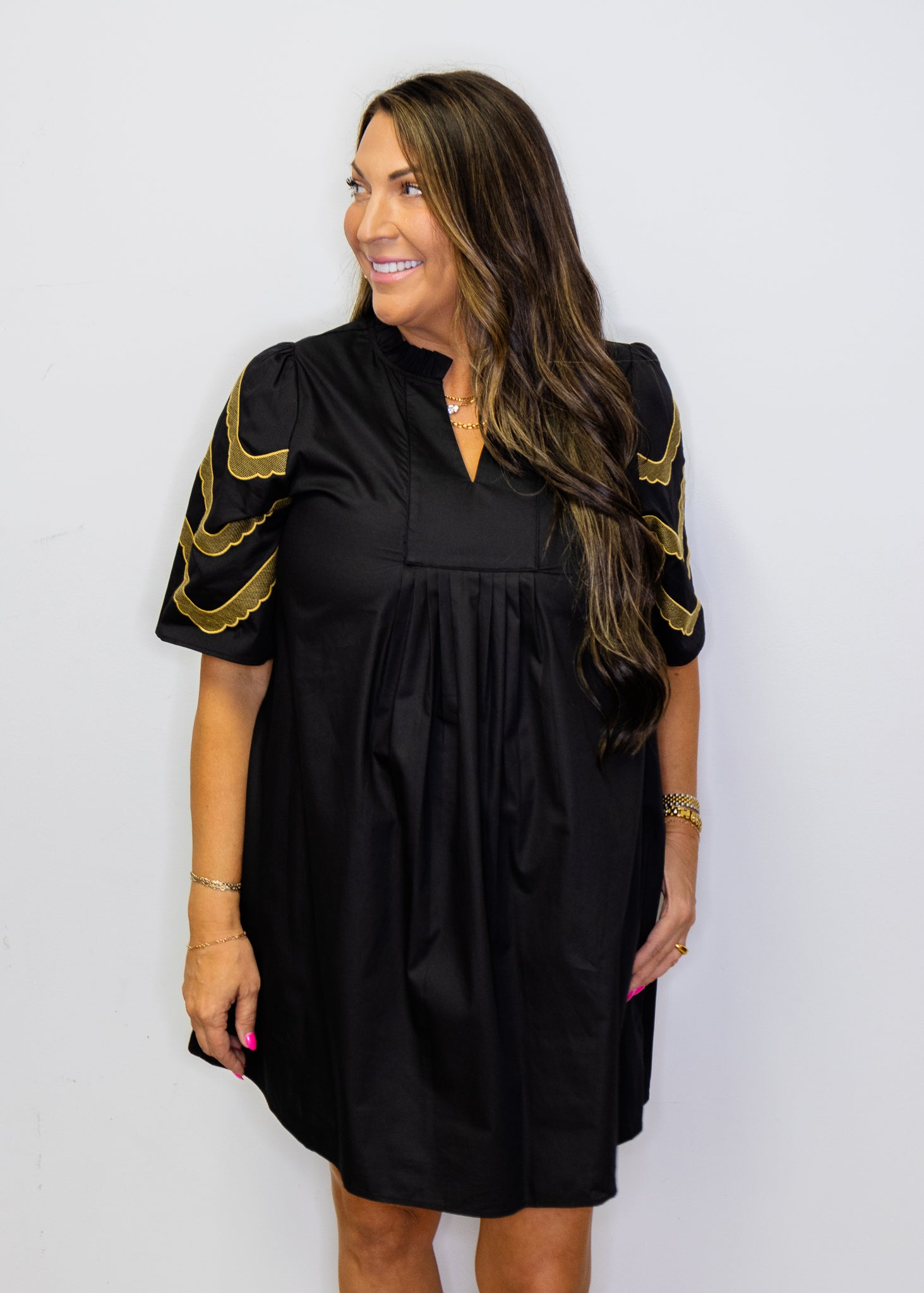 Black Embroidered Sleeves Pleat Dress