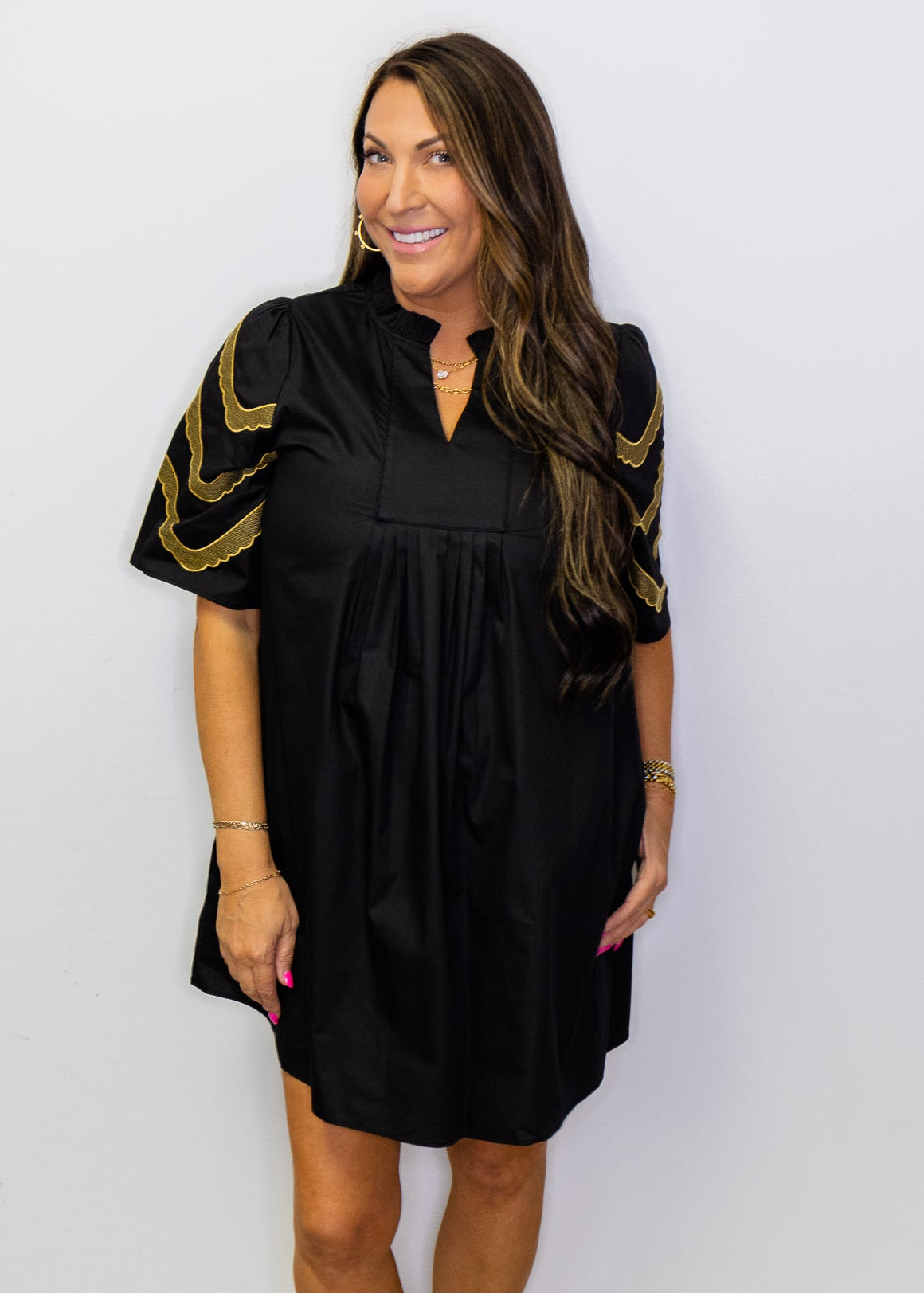 Black Embroidered Sleeves Pleat Dress