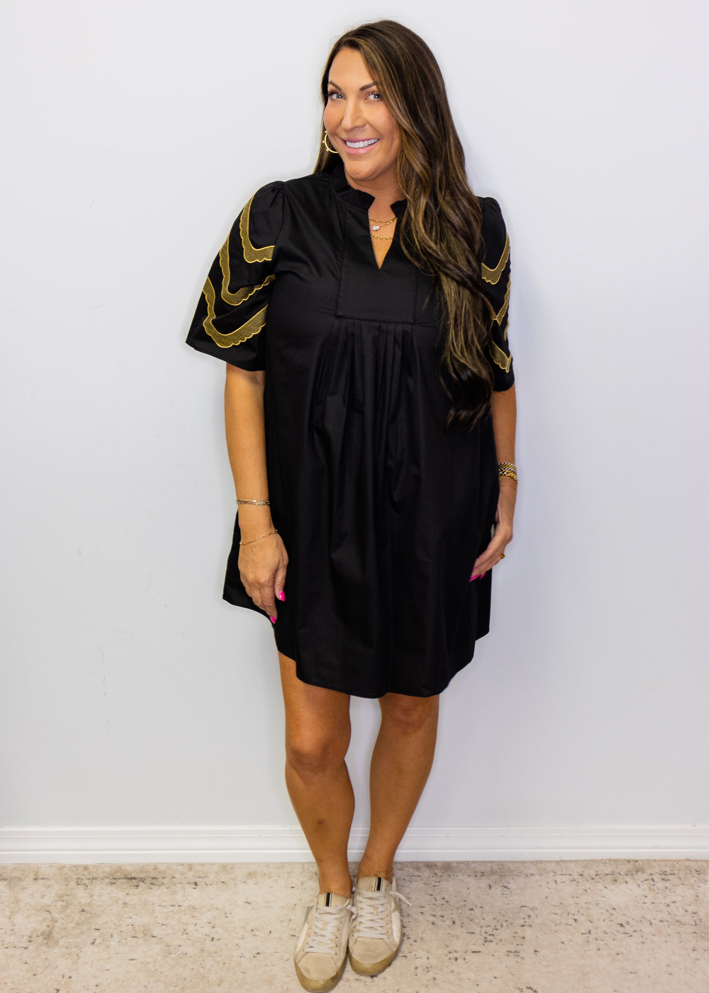 Black Embroidered Sleeves Pleat Dress
