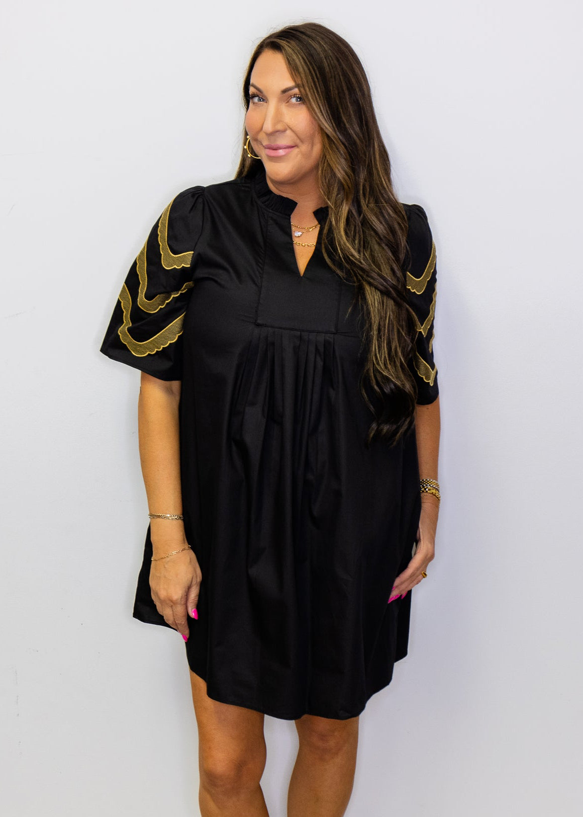 Black Embroidered Sleeves Pleat Dress