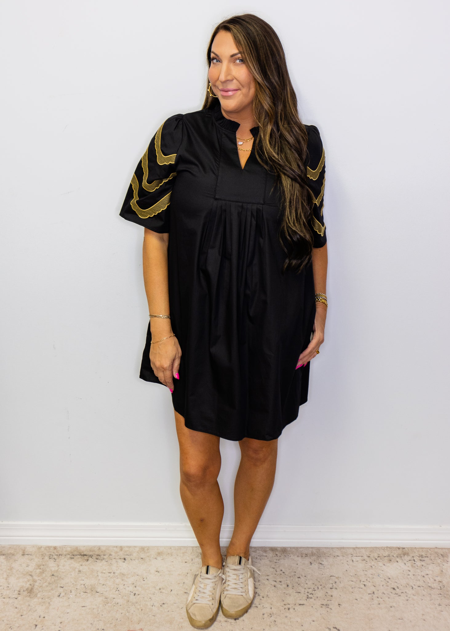 Black Embroidered Sleeves Pleat Dress