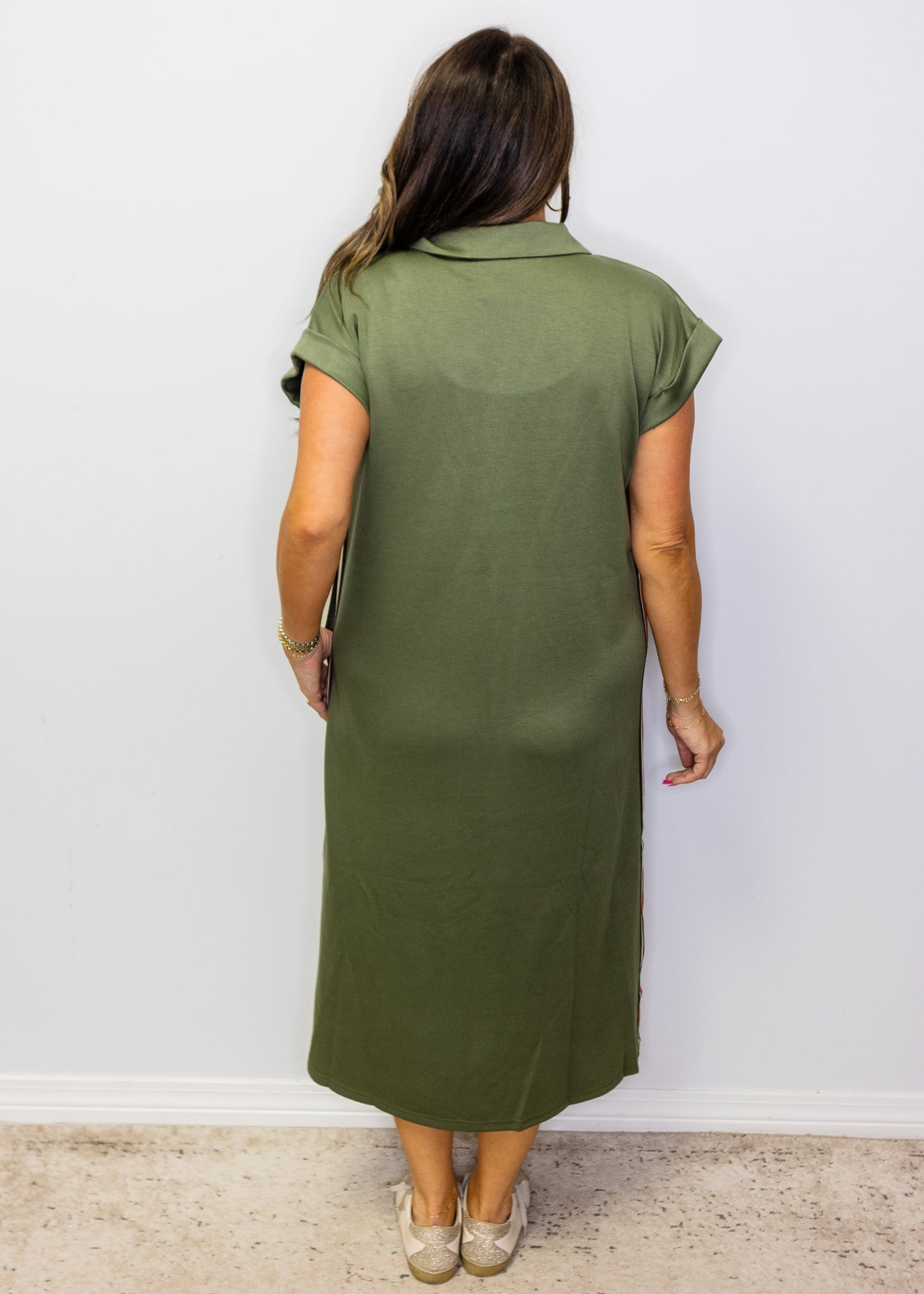 Olive Color Band Trim Detail Side Slit Casual Midi Dress