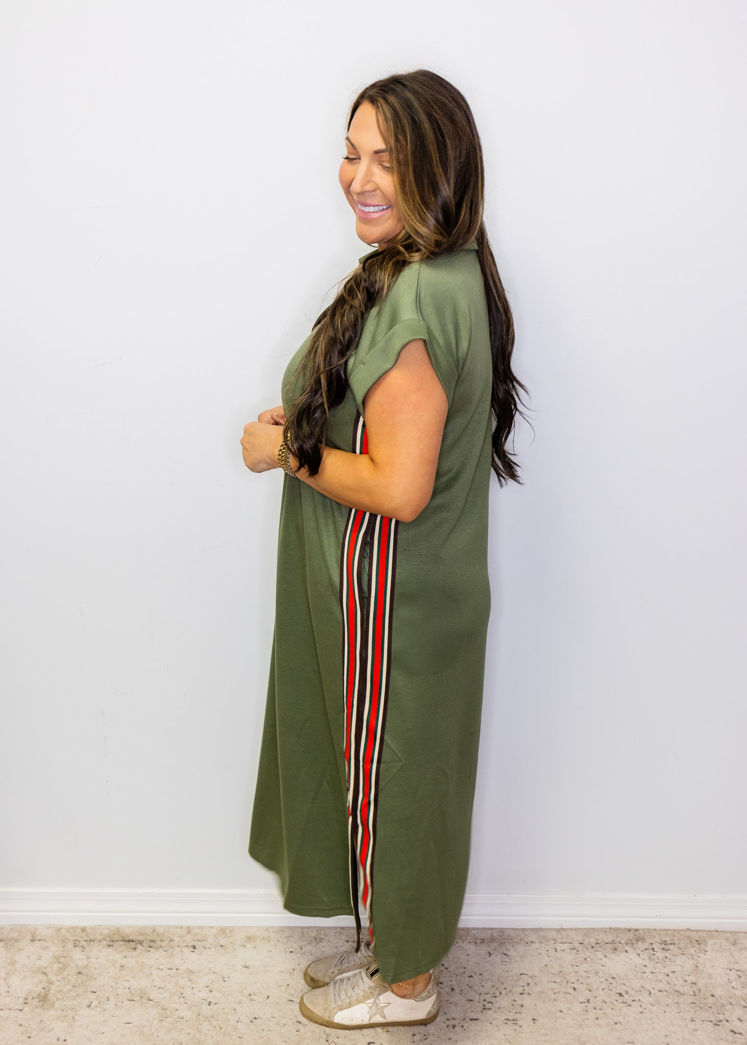 Olive Color Band Trim Detail Side Slit Casual Midi Dress