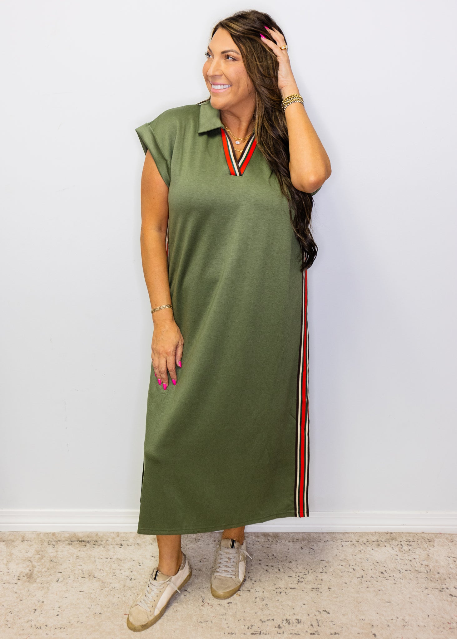Olive Color Band Trim Detail Side Slit Casual Midi Dress