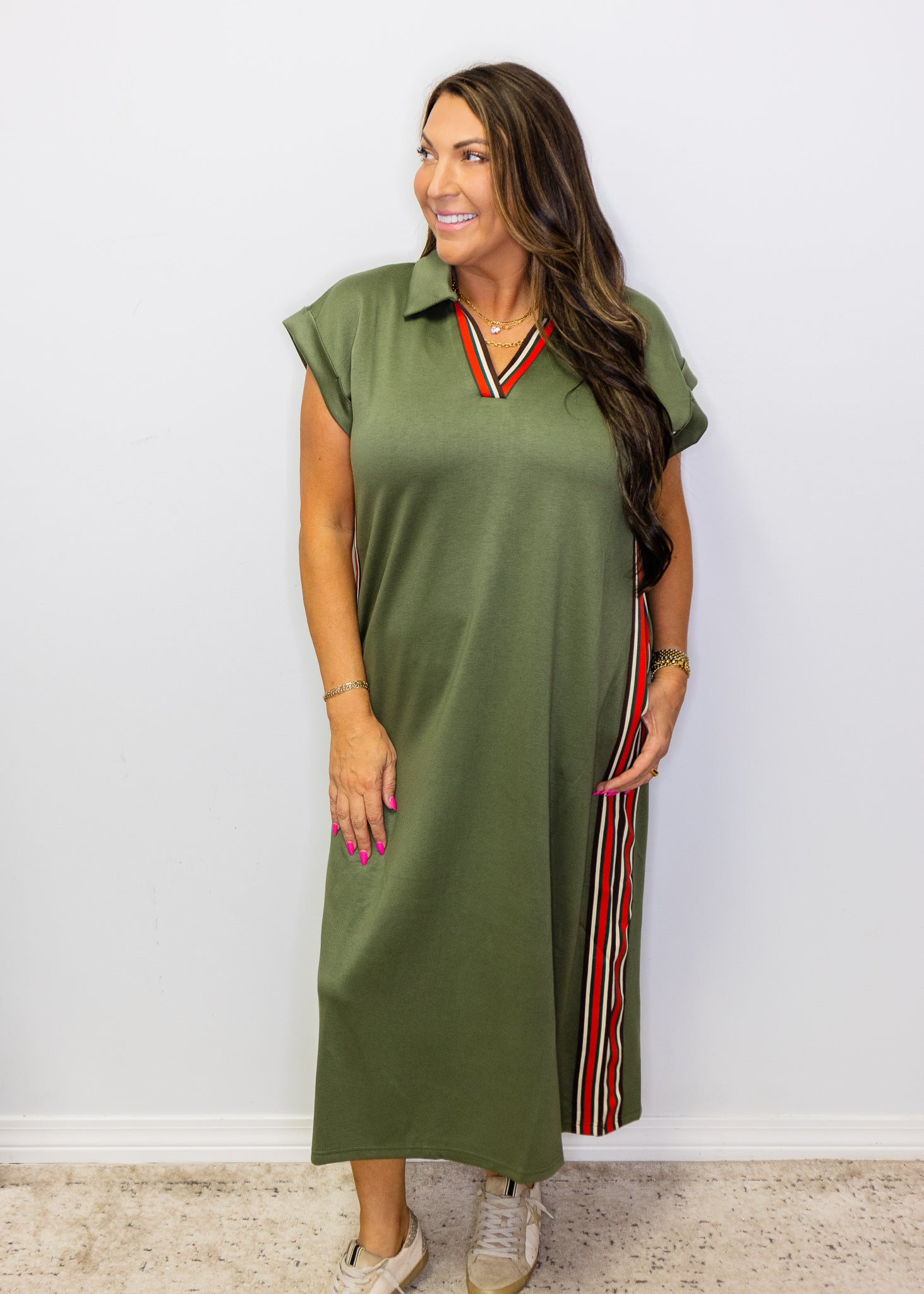 Olive Color Band Trim Detail Side Slit Casual Midi Dress