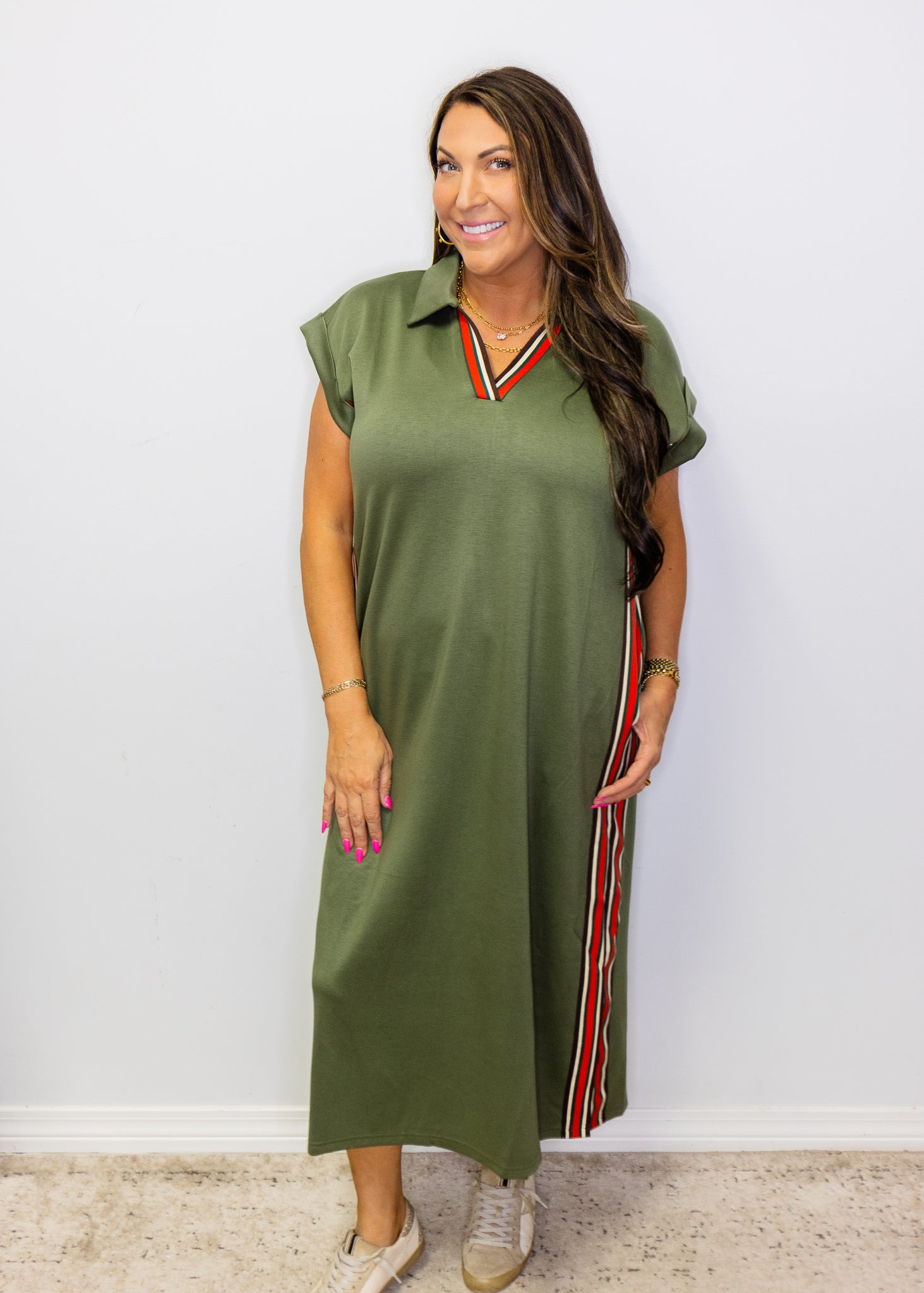 Olive Color Band Trim Detail Side Slit Casual Midi Dress
