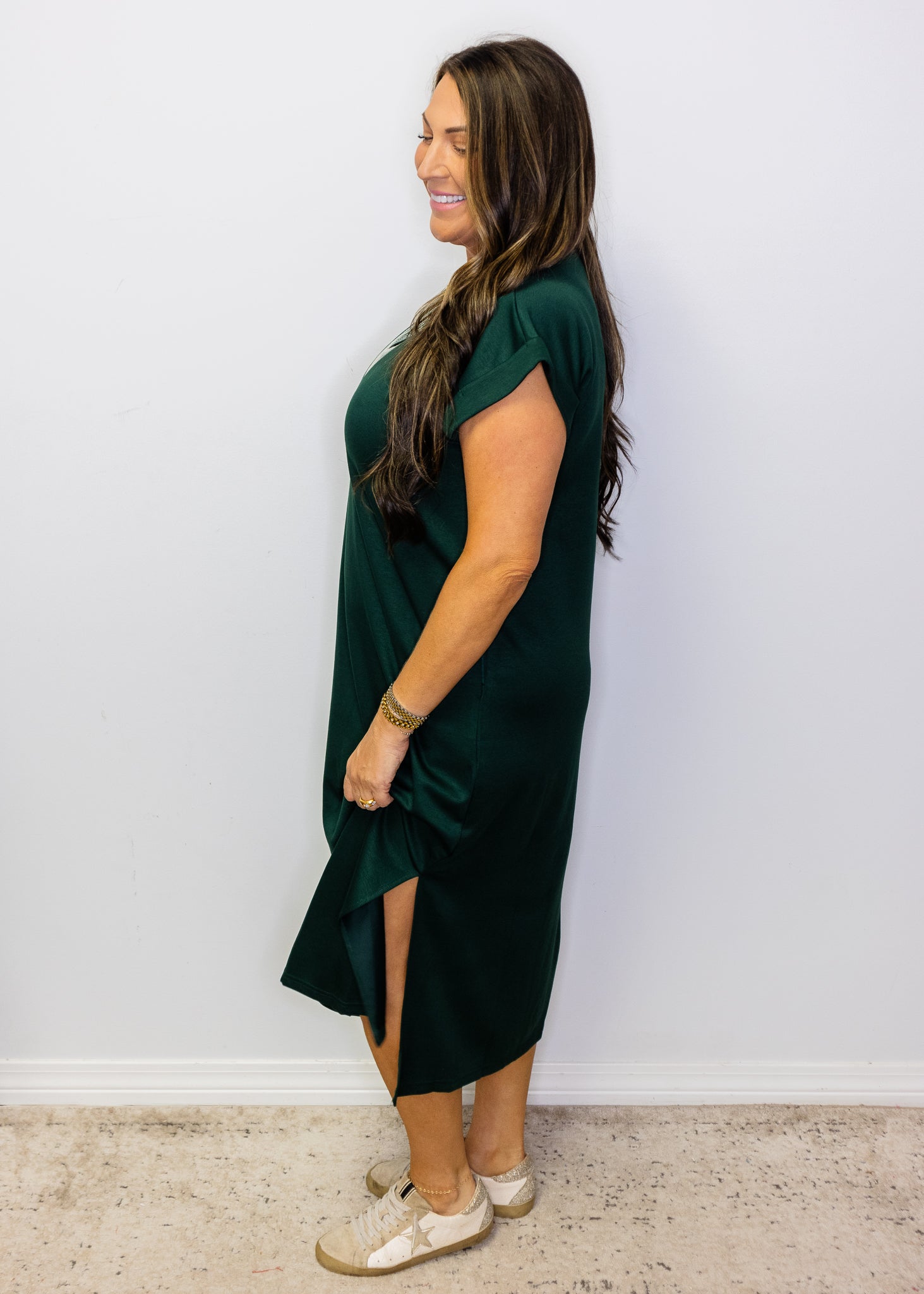 Hunter Green Stitch Detail Midi Dress
