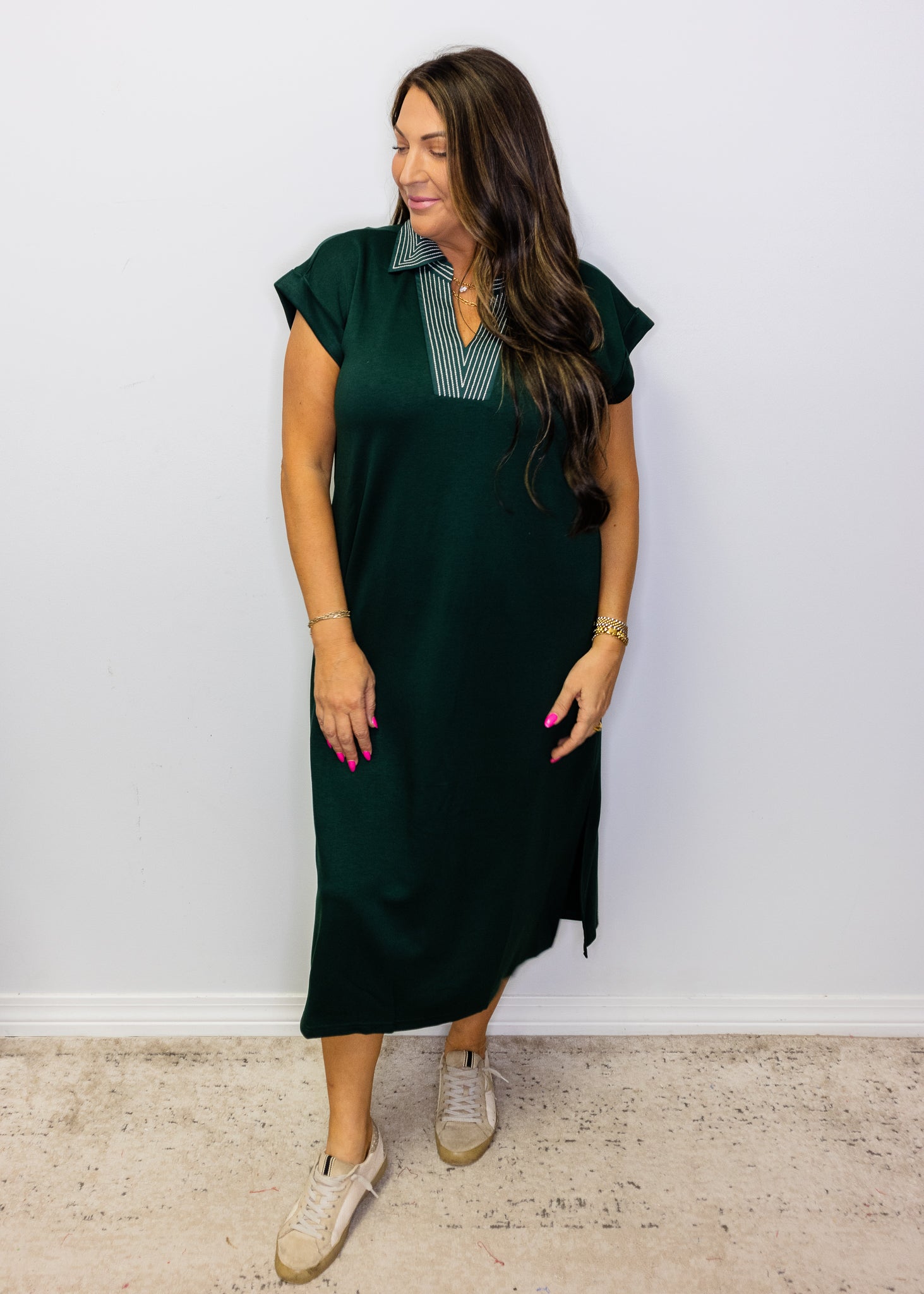 Hunter Green Stitch Detail Midi Dress
