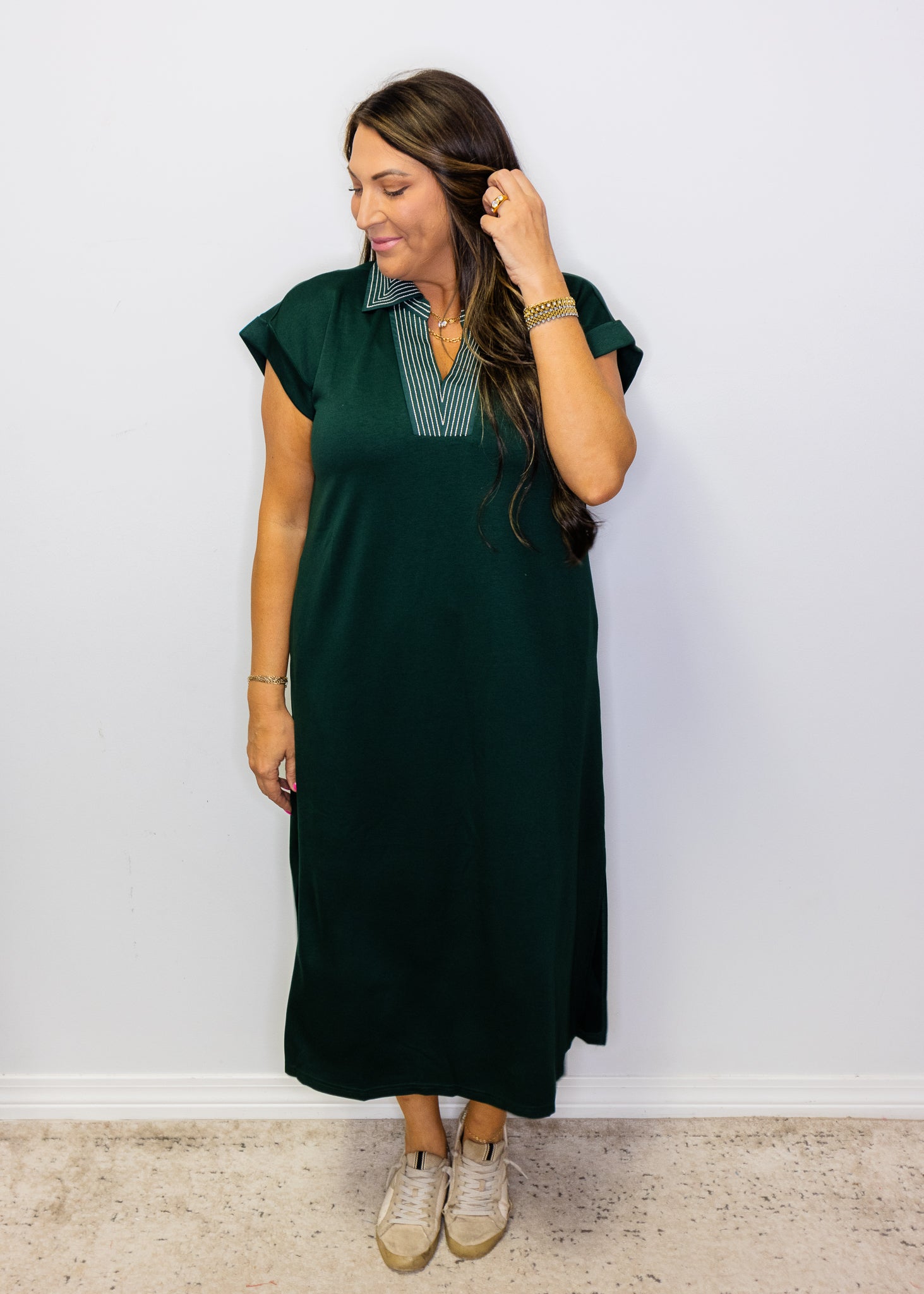 Hunter Green Stitch Detail Midi Dress