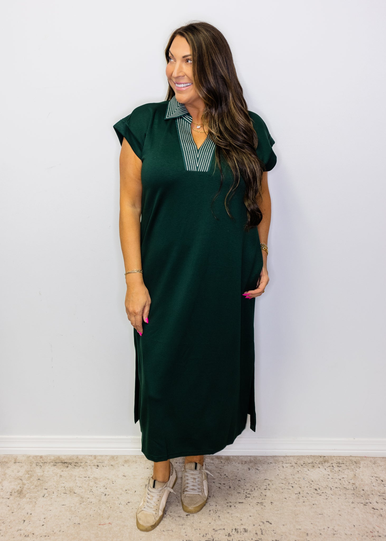 Hunter Green Stitch Detail Midi Dress