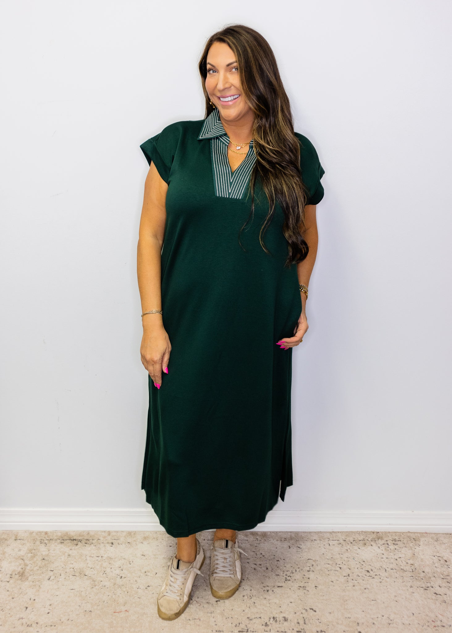 Hunter Green Stitch Detail Midi Dress