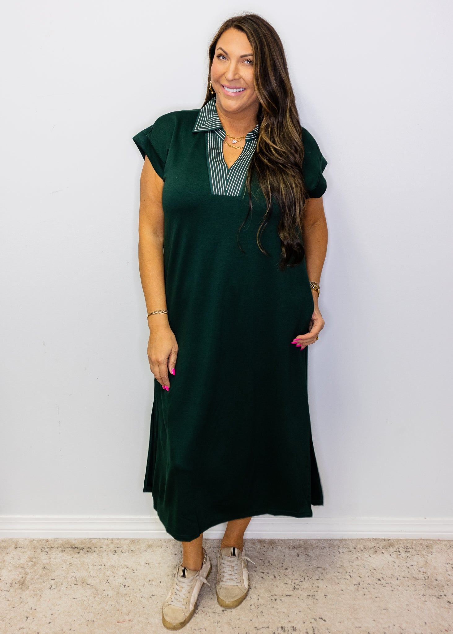 Hunter Green Stitch Detail Midi Dress
