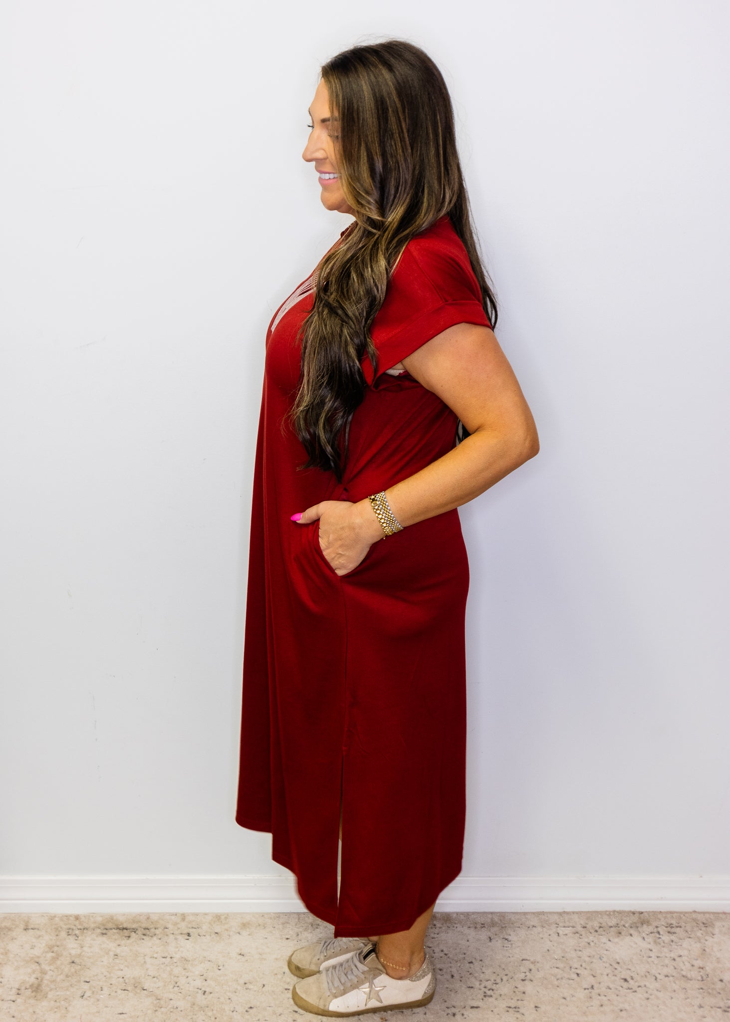 Burgundy Stitch Detail Midi Dress