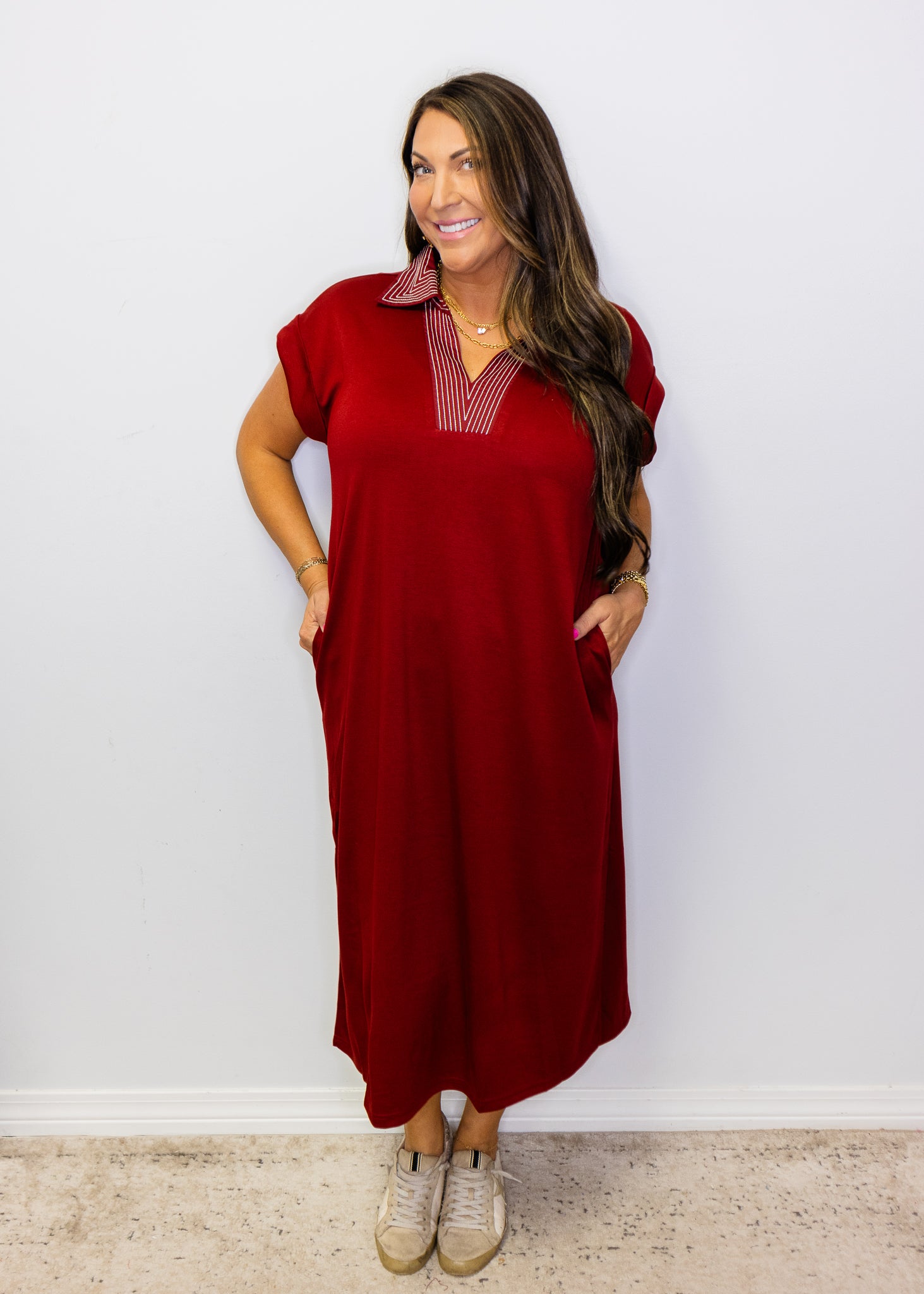 Burgundy Stitch Detail Midi Dress