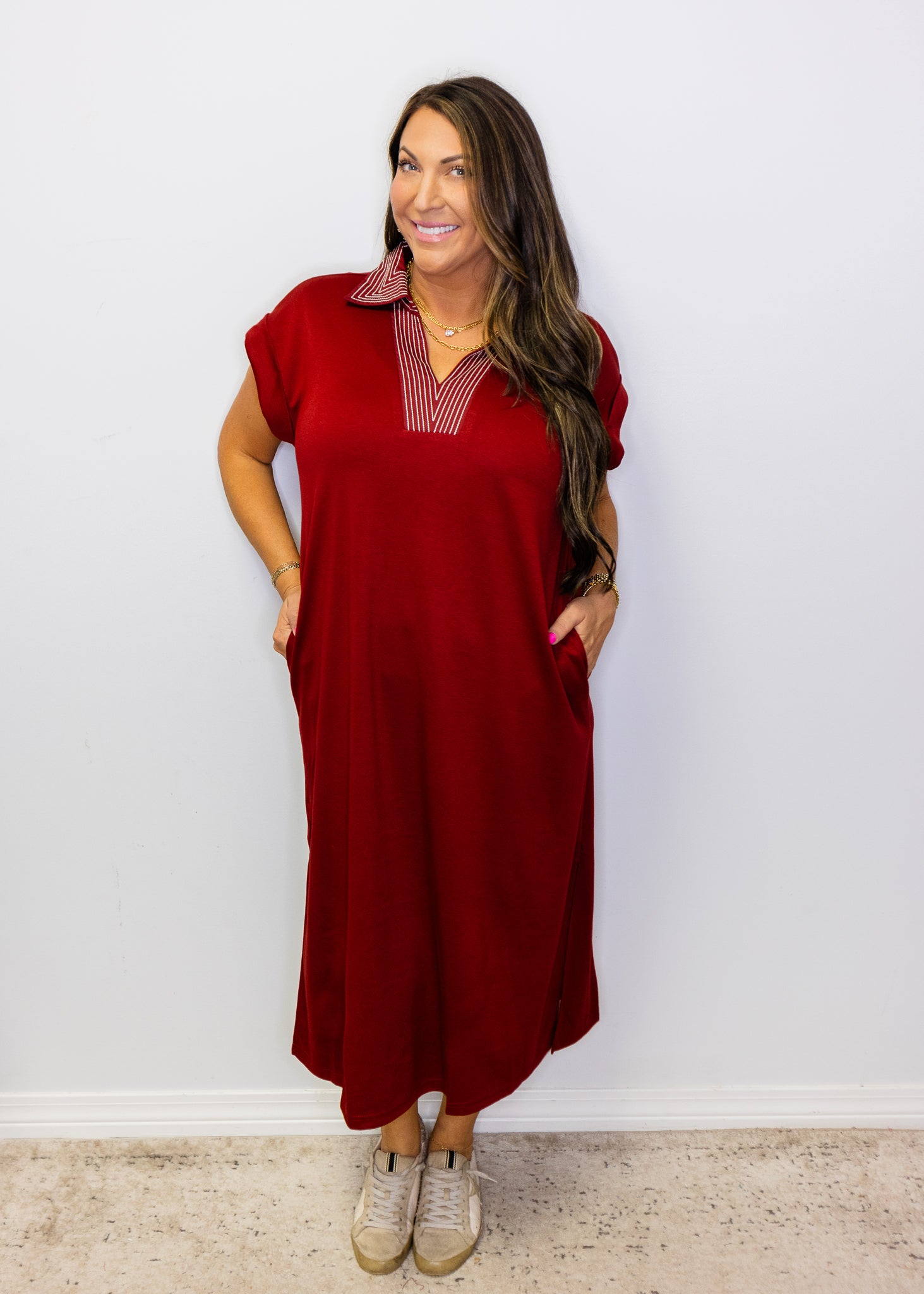 Burgundy Stitch Detail Midi Dress