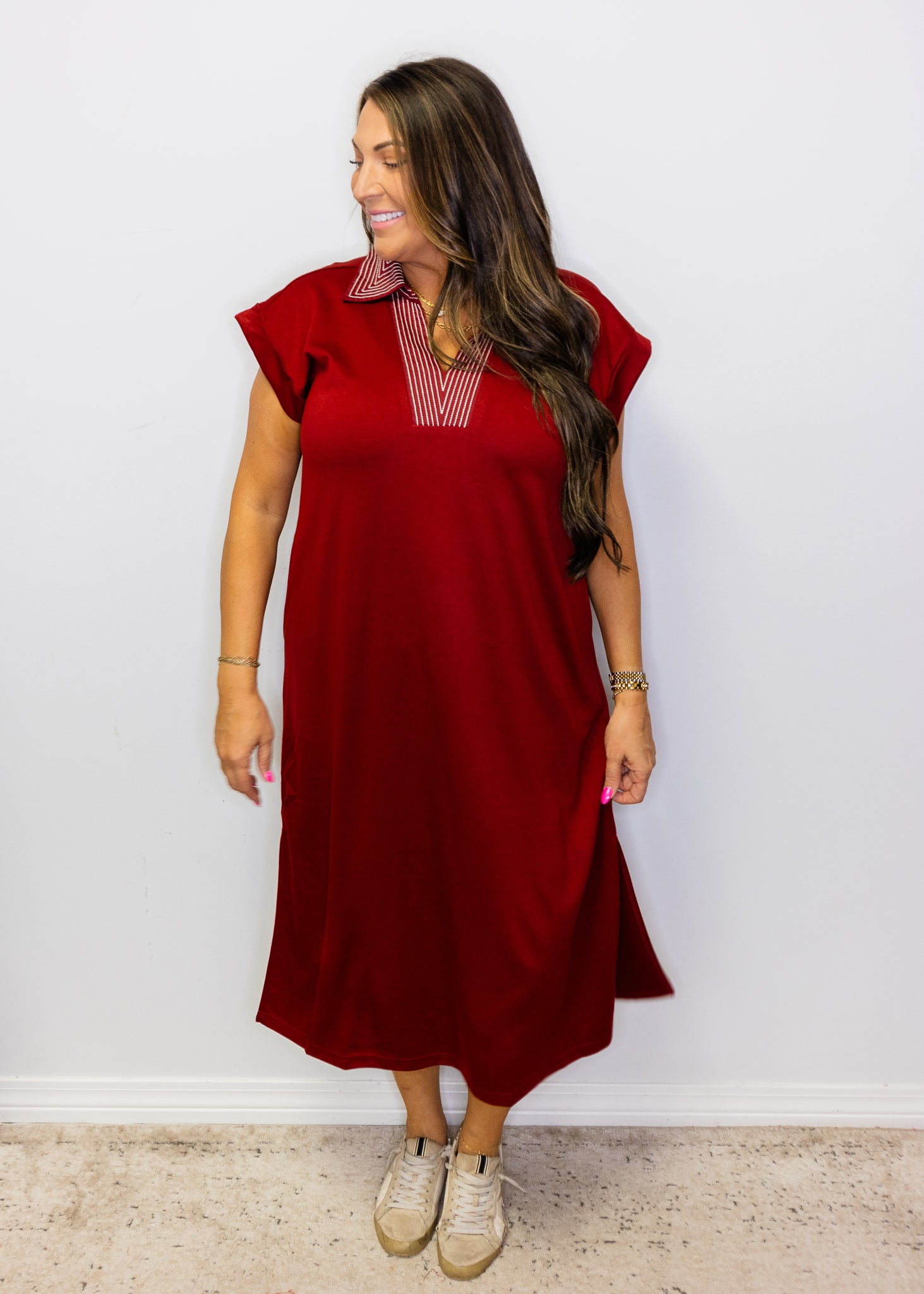 Burgundy Stitch Detail Midi Dress