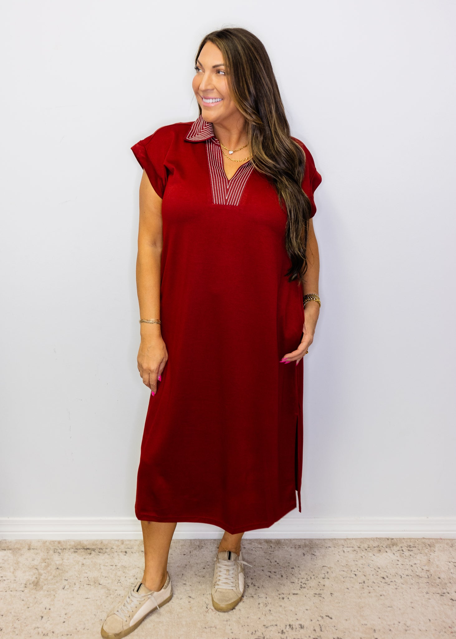Burgundy Stitch Detail Midi Dress