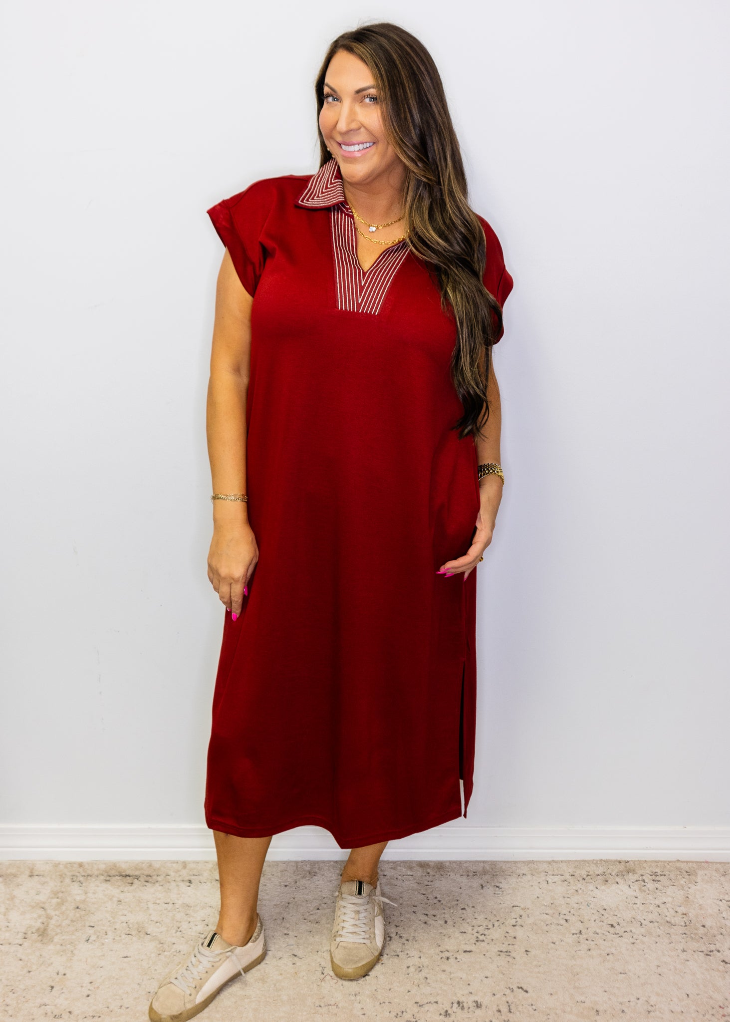 Burgundy Stitch Detail Midi Dress