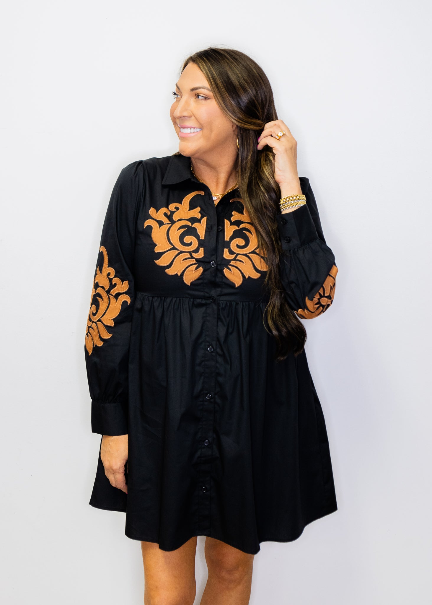Black Long Sleeve Baroque Applique Dress