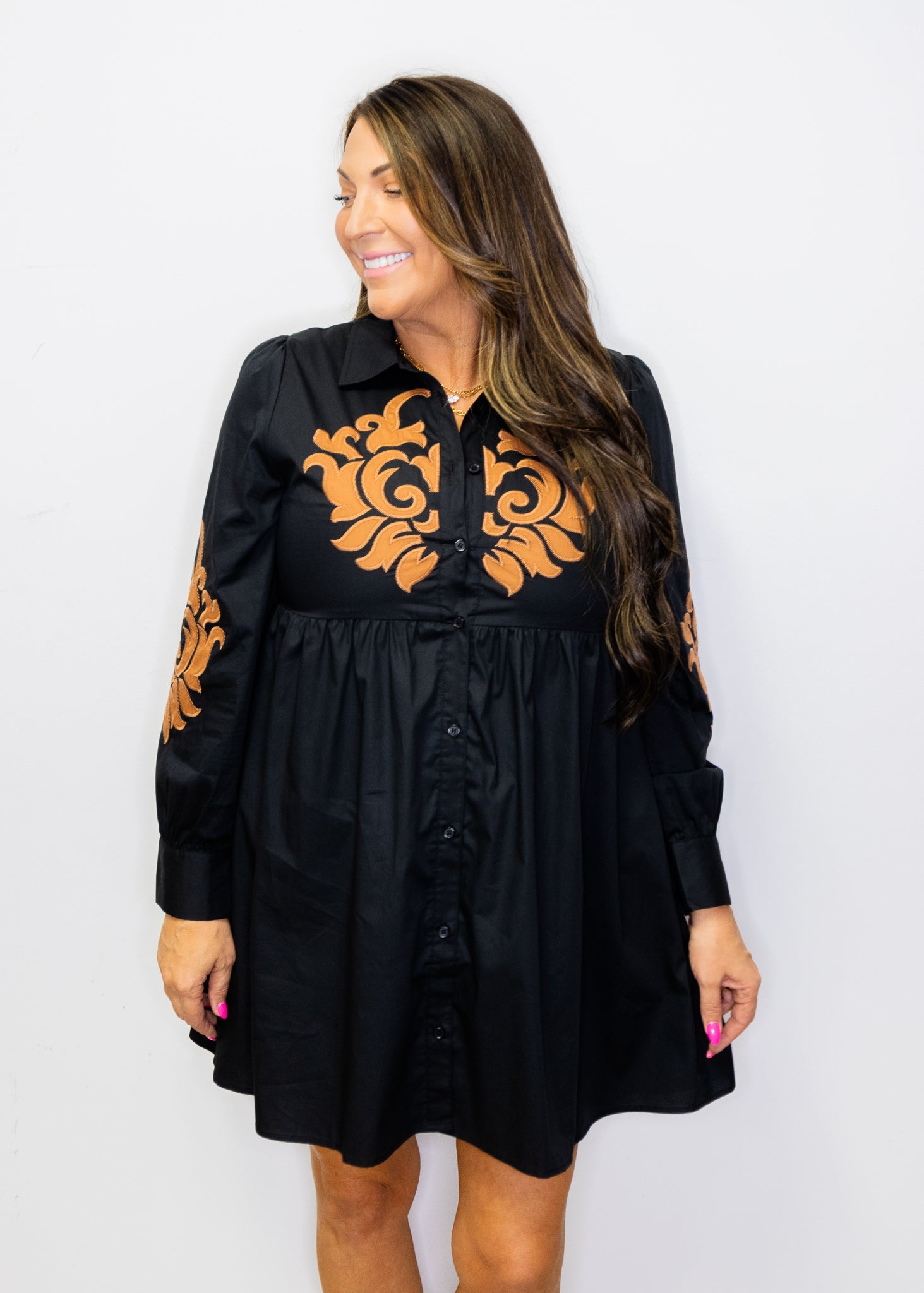 Black Long Sleeve Baroque Applique Dress