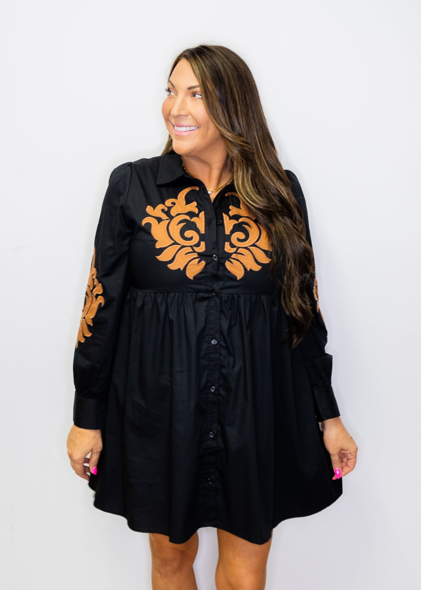 Black Long Sleeve Baroque Applique Dress