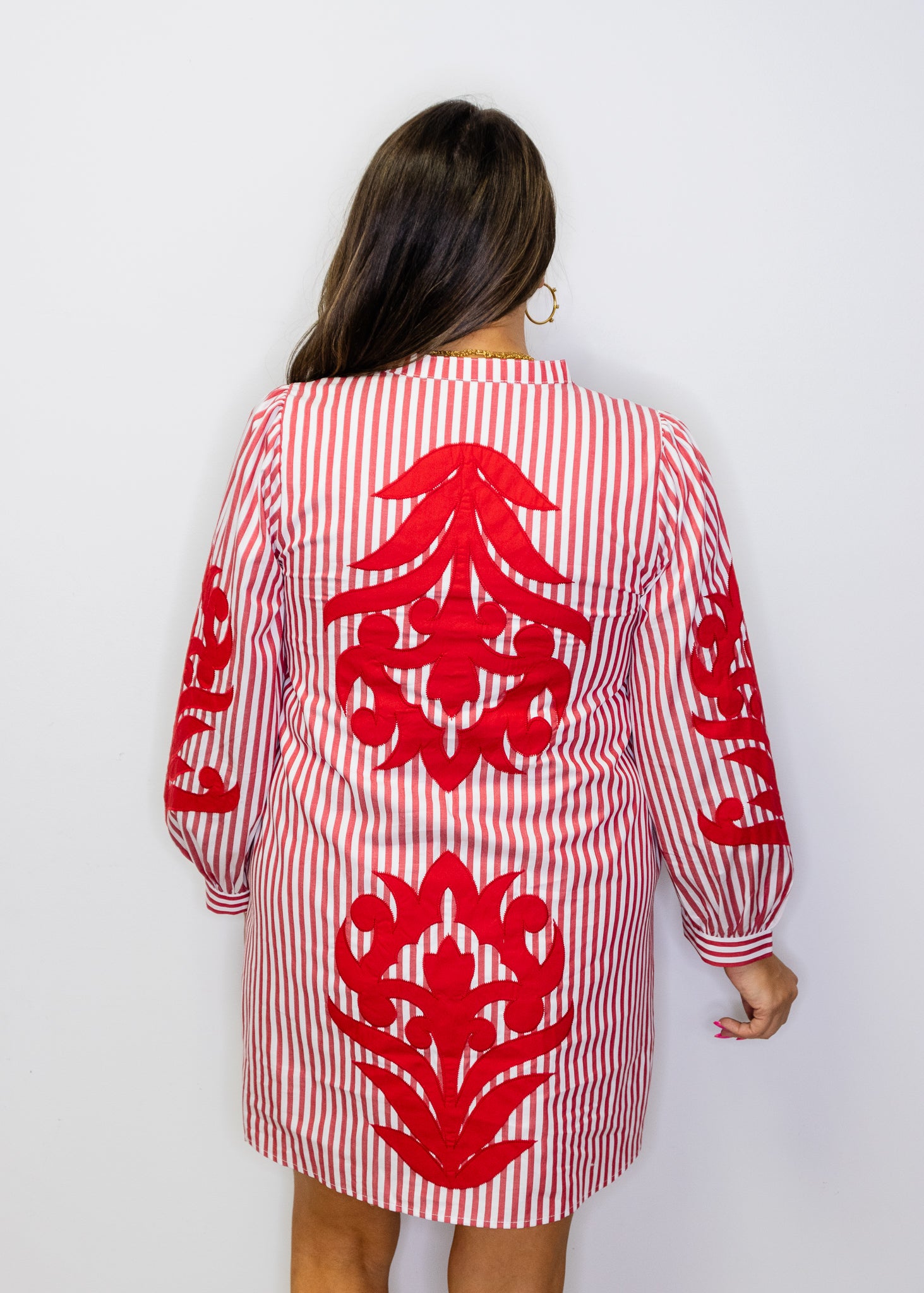 Red Baroque Applique Detail Stripe Dress