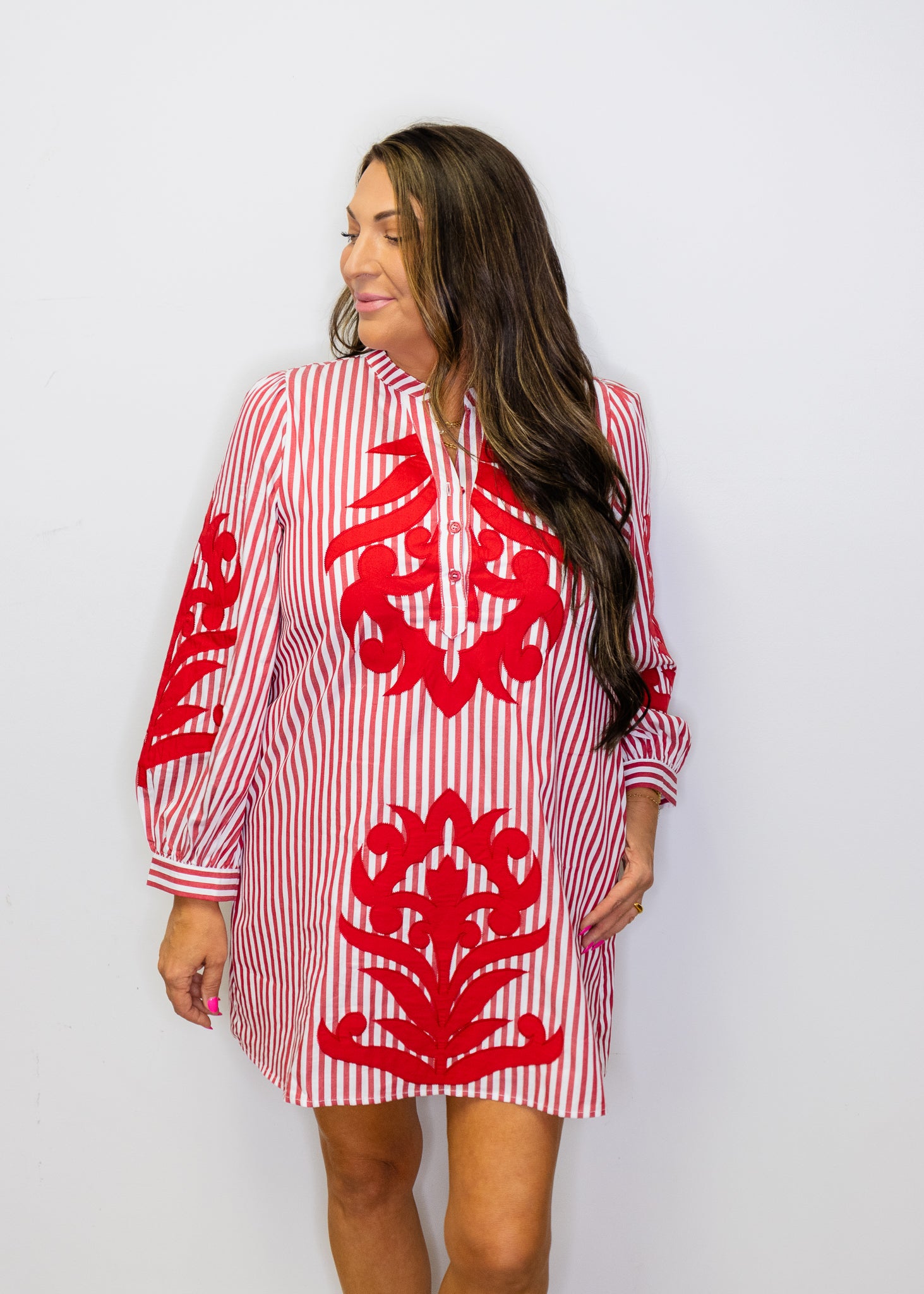 Red Baroque Applique Detail Stripe Dress