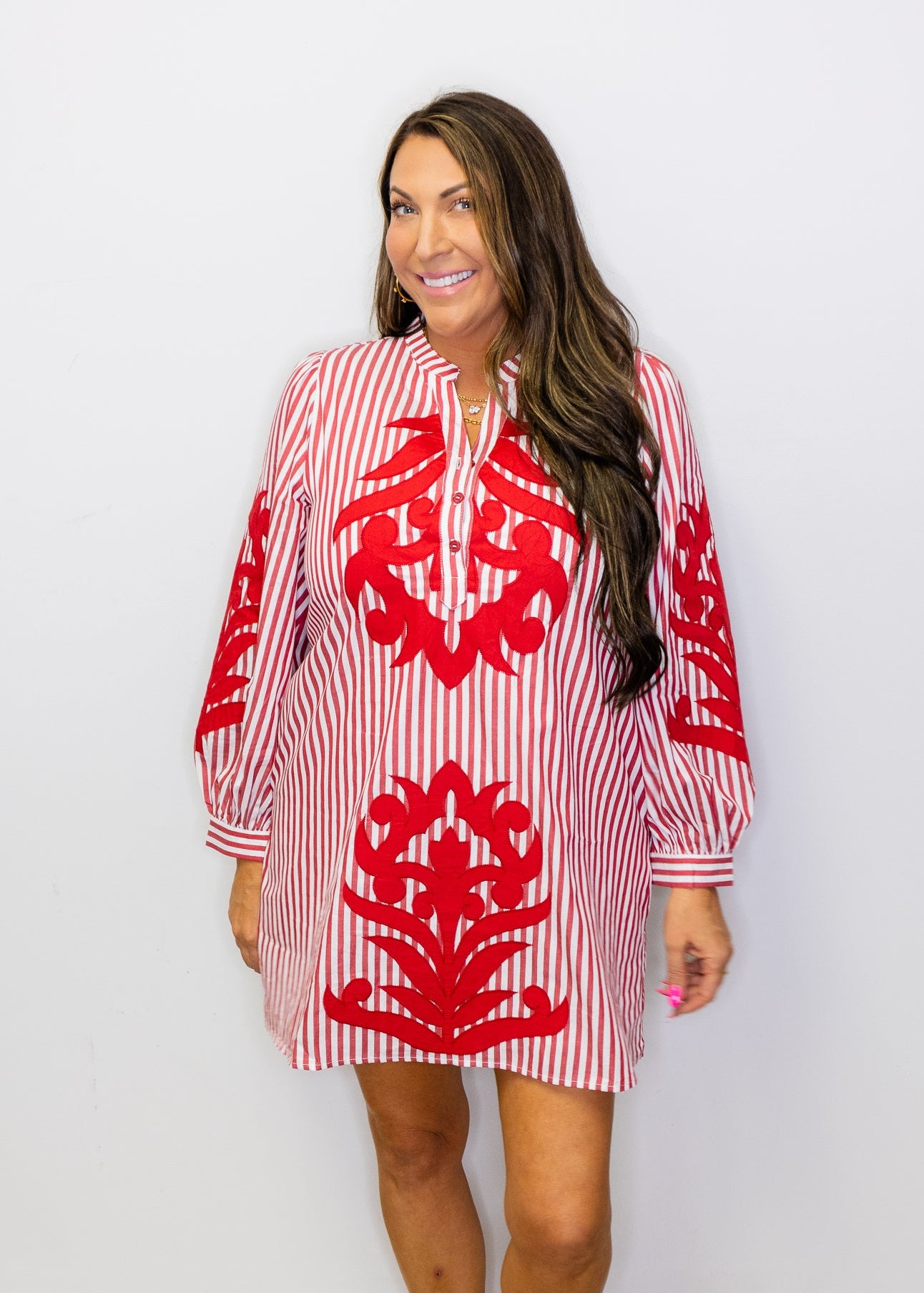 Red Baroque Applique Detail Stripe Dress