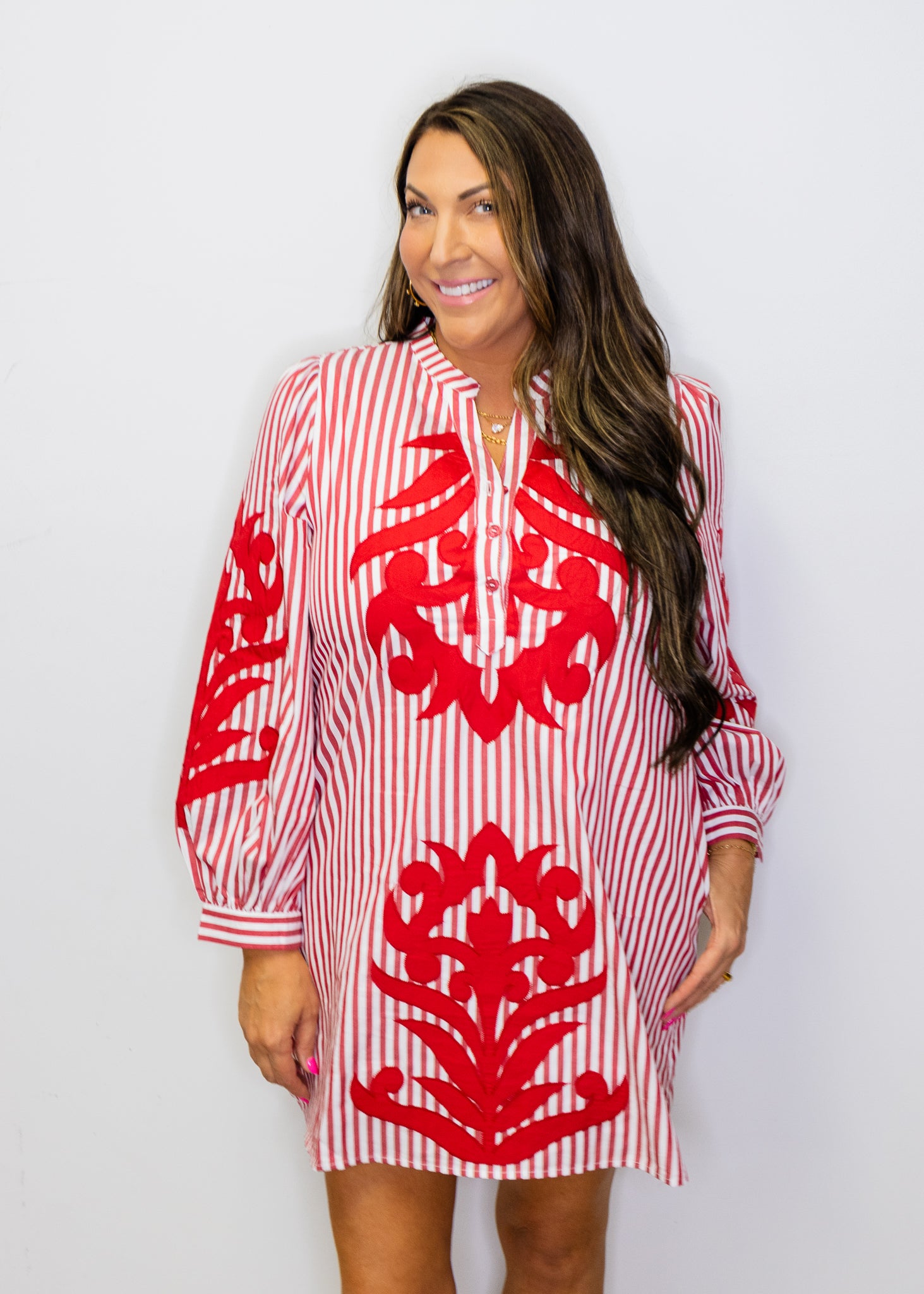 Red Baroque Applique Detail Stripe Dress