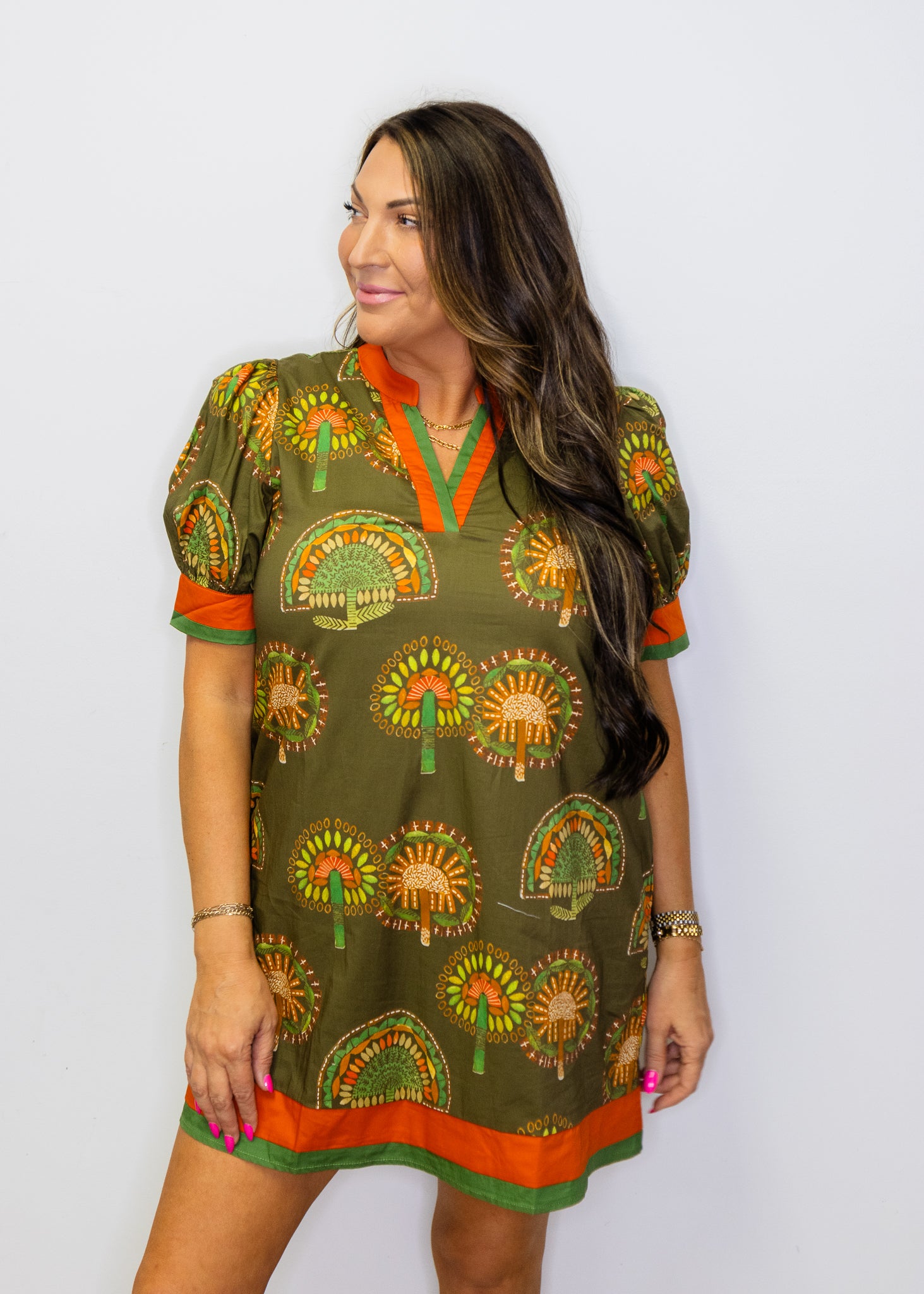 Olive Contrast Boho Floral Shift Dress