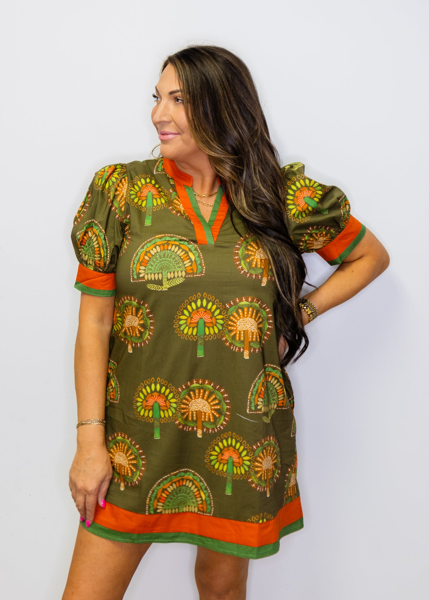 Olive Contrast Boho Floral Shift Dress