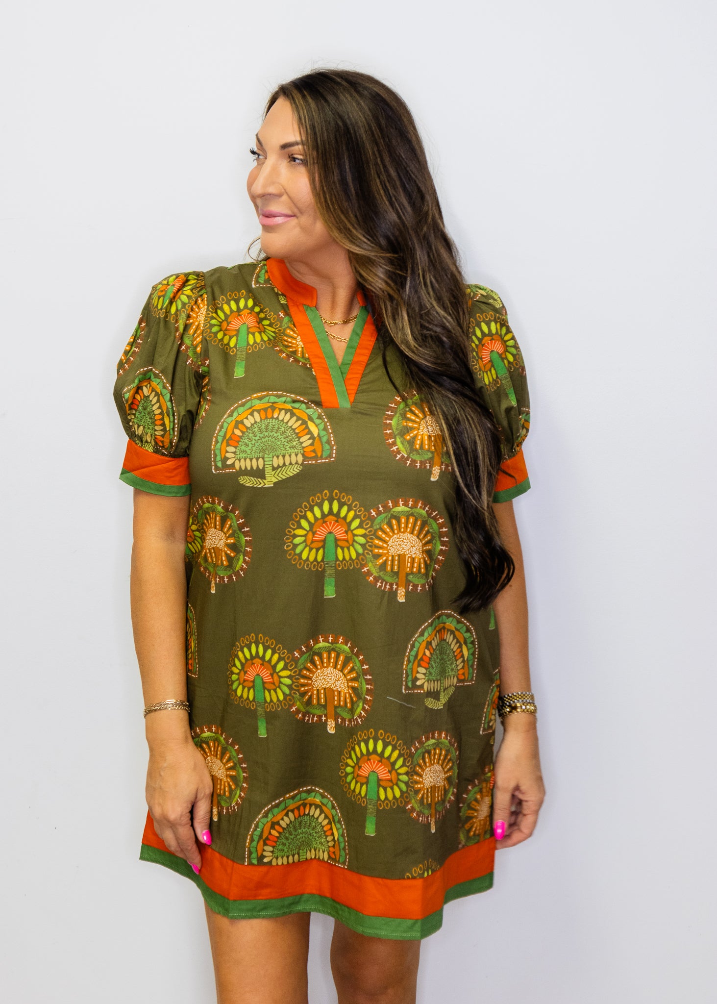 Olive Contrast Boho Floral Shift Dress