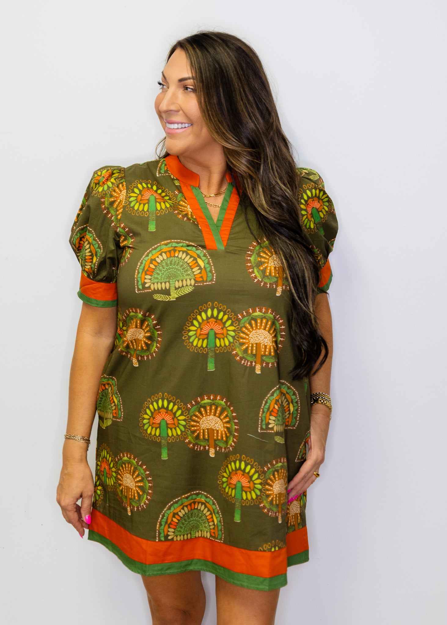 Olive Contrast Boho Floral Shift Dress