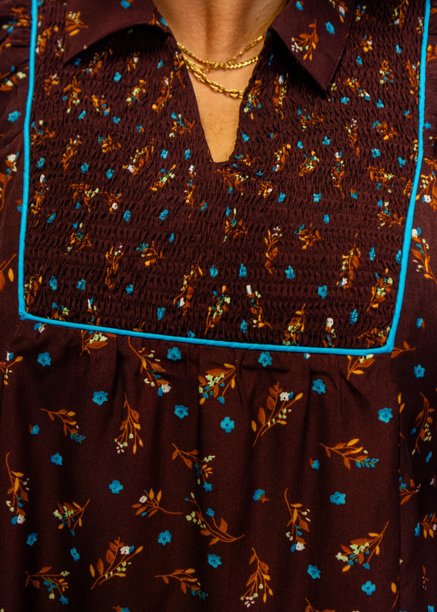 Brown Puff Sleeves Floral Peasant Dress