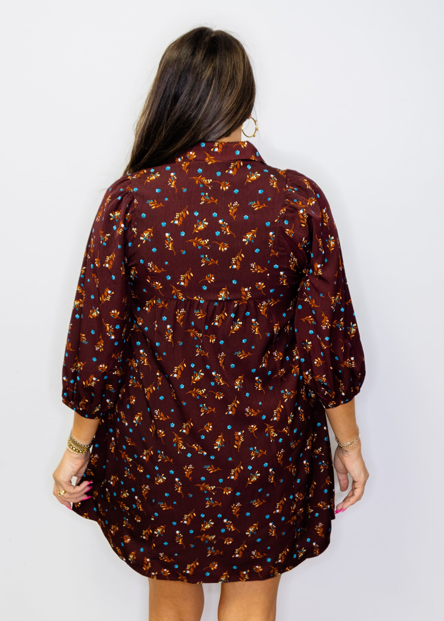 Brown Puff Sleeves Floral Peasant Dress