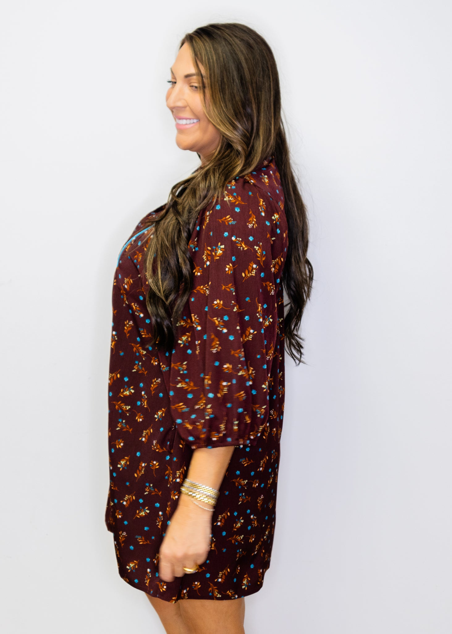 Brown Puff Sleeves Floral Peasant Dress